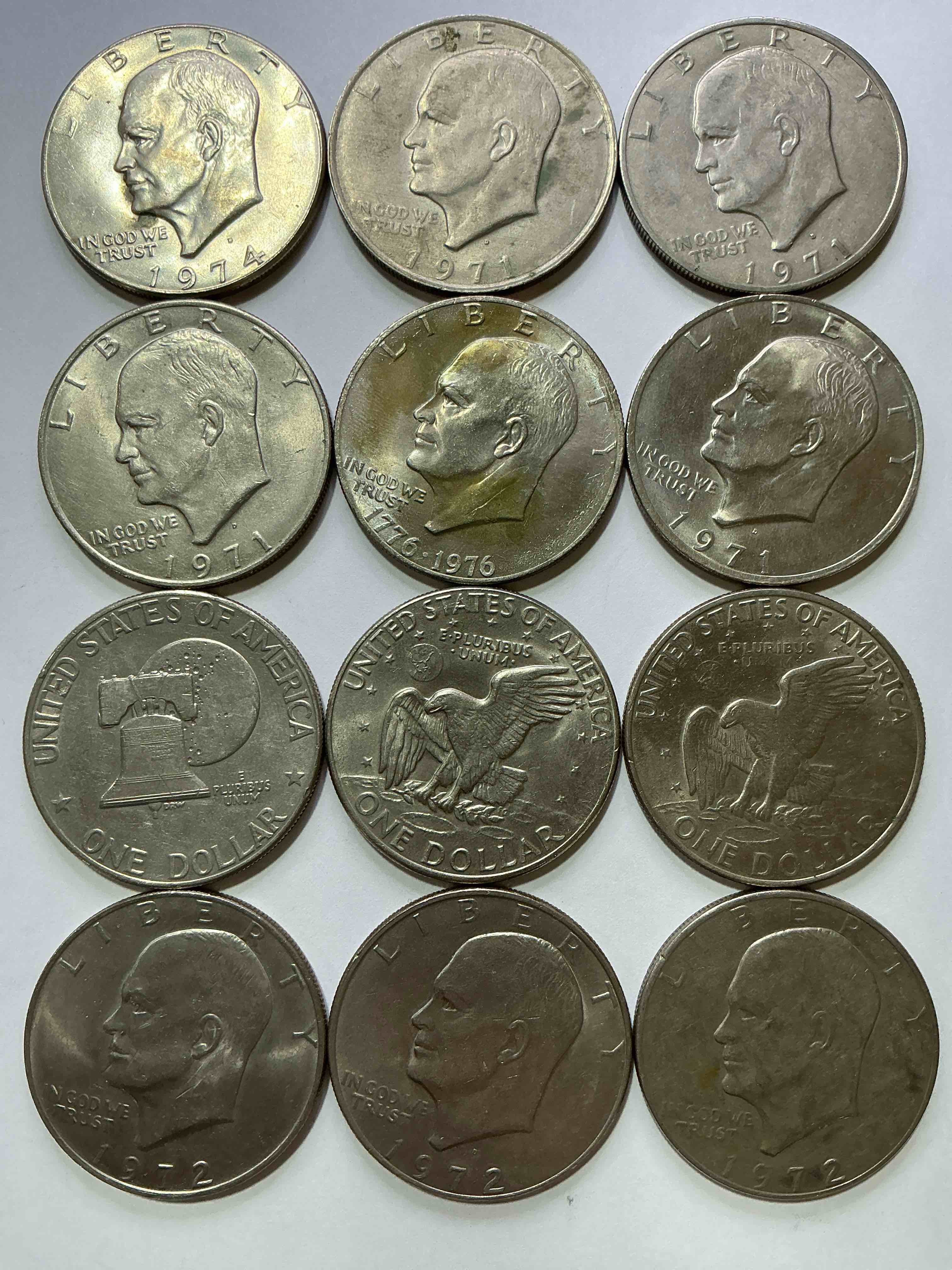 Condition photo showing Good Condition for gorgeous eisenhower dollar coins! these striking, large u.s. coins were minted from 1971-1978. here are gorgeous examples of “ike" dollars from 1976 & other years! these coins have become immensely popular with collectors & some have great toning!