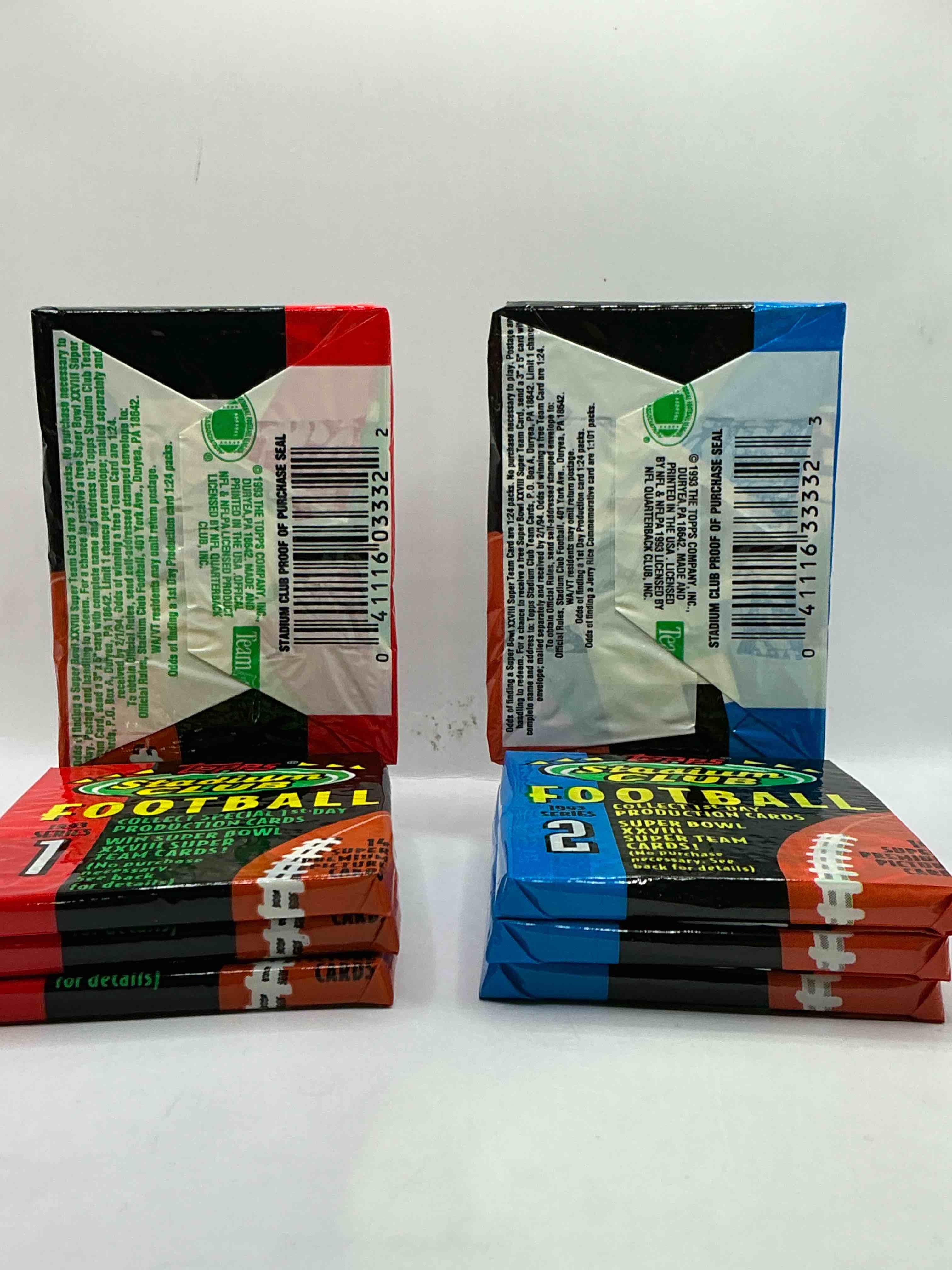 Condition photo showing New/Like New for series 1 & 2 topps stadium club football 1993! wow! still in original wrap! drew bledsoe, marvin jones, jerome bettis & more! awesome 90’s sports cards!