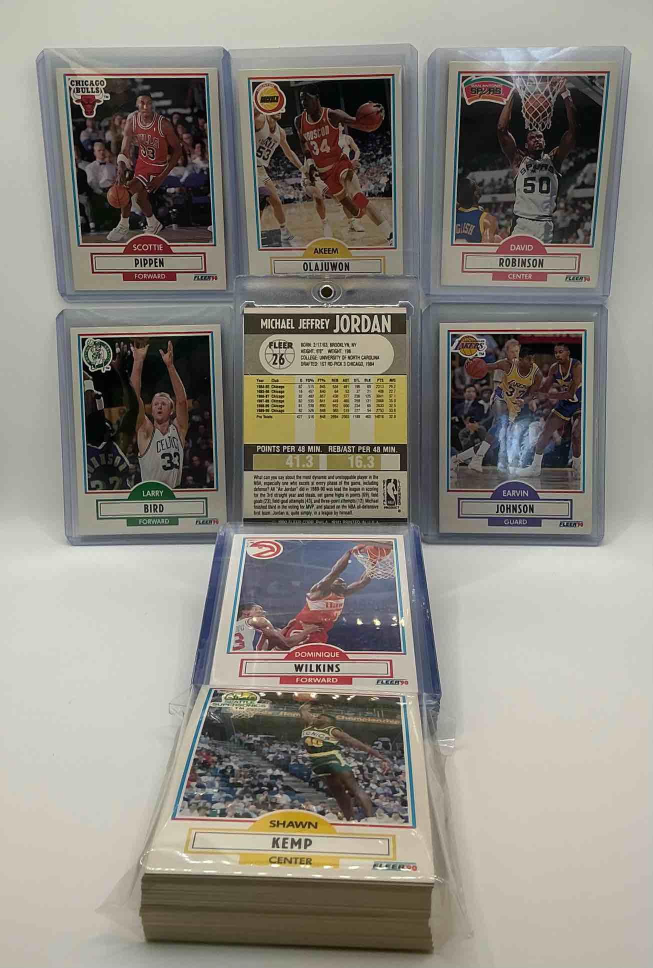 Condition photo showing New/Like New for michael jordan! 1990 fleer 50 card basketball! the best cards from the year!michael jordan, larry bird, scottie pippen, david robinson, charles barkley, akeem olajuwon, karl malone, clyde drexler & more! all stars, hall of famers, champions & more, the perfect mix of miscellaneous '90 nba variety!