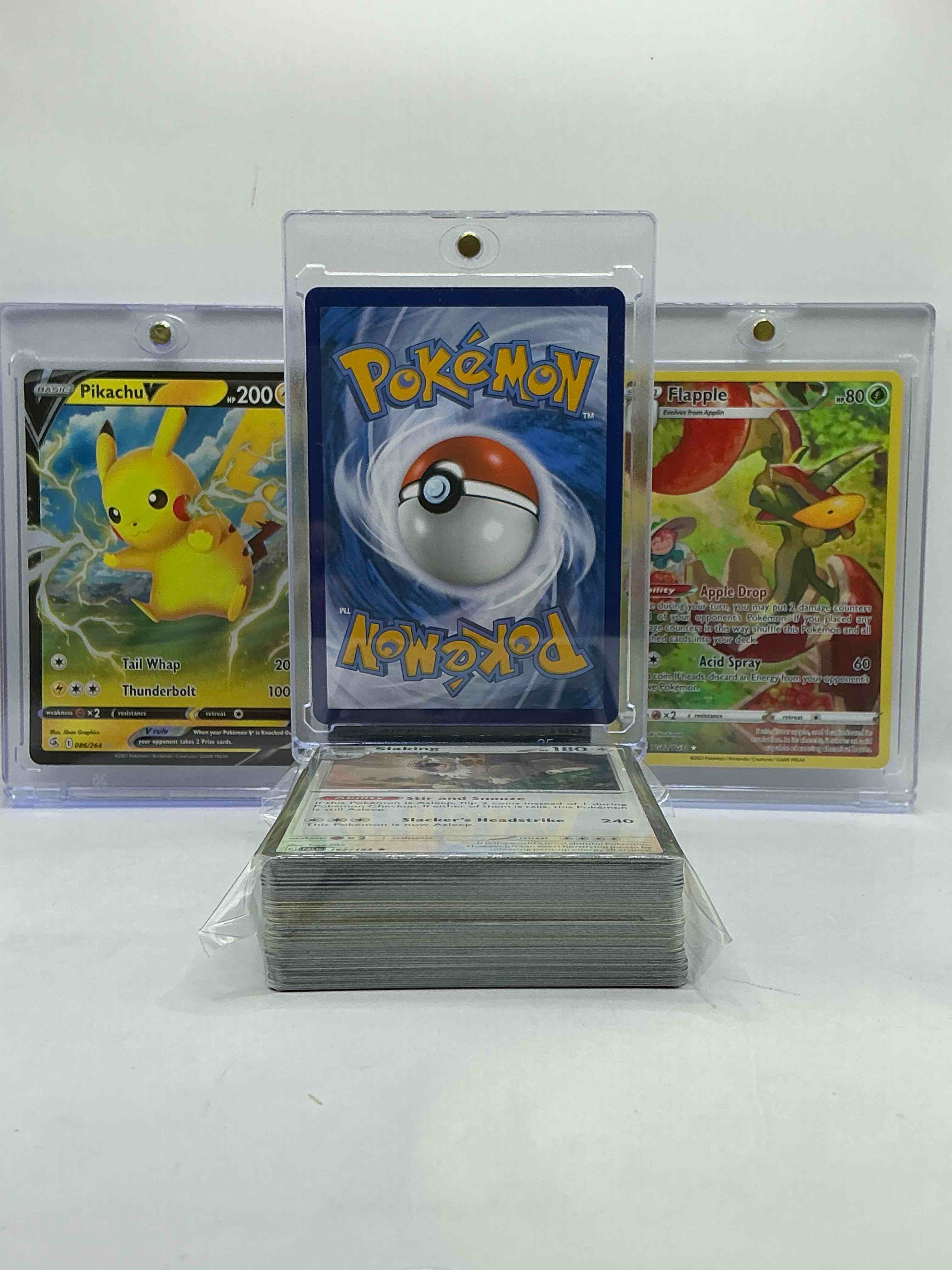 Condition photo showing New/Like New for lucario vstar, pikachu v & flapple! full art craziness! pokémon palooza! along with 50 other pokémon heroes, holos, legends & commons- including holographic cards, stage 2 cards, holos in all forms & more! also includes 36 non holo common/ uncommon basic & first stage cards trainers & energy too! perfect set for collectors & enthusiasts!