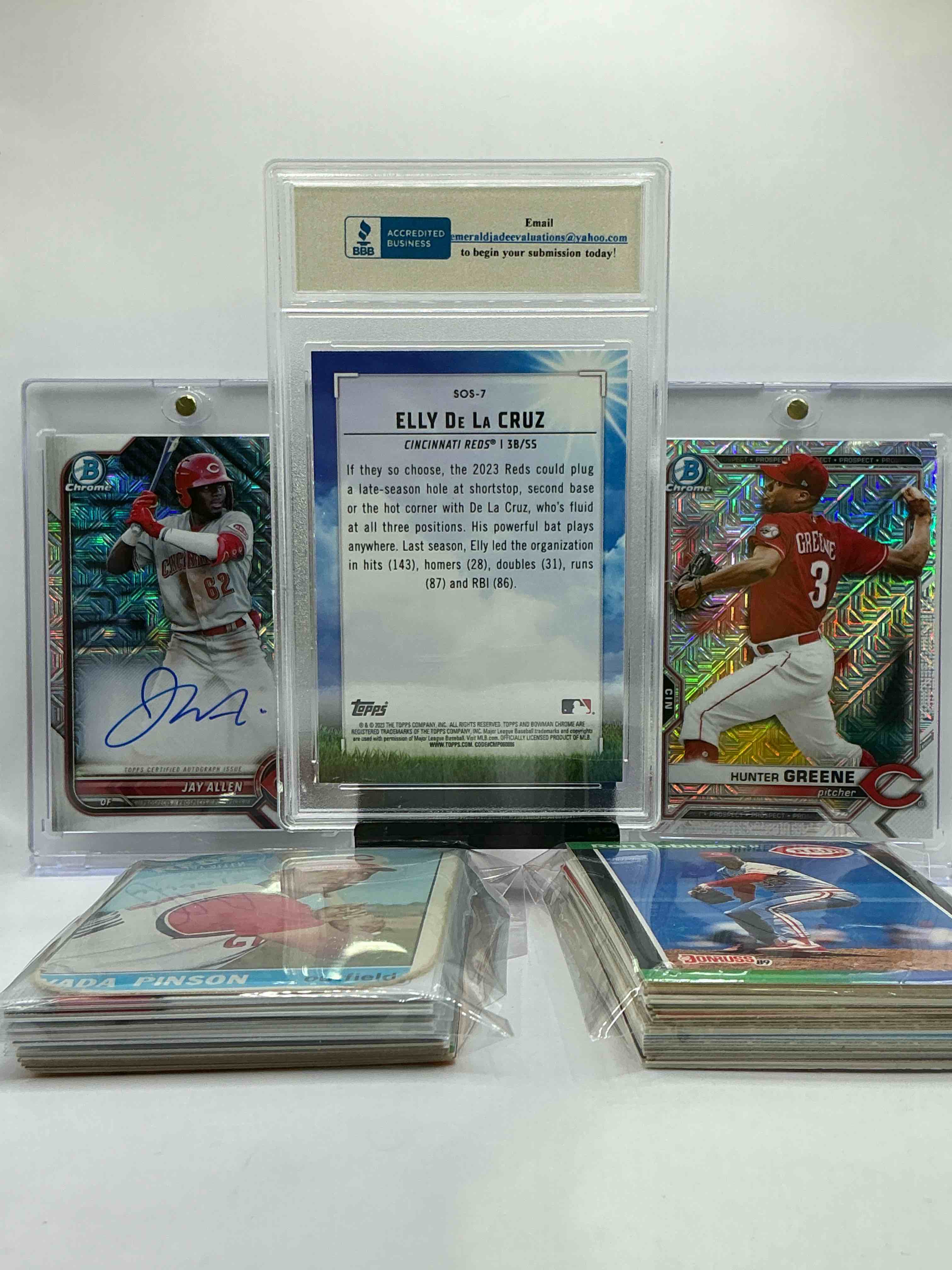 Condition photo showing New/Like New for bowman chrome bonanza! reds rambunctiousness! elly de la cruz sights on september rookie, hunter greene mojo bowman chrome & jay allen auto bowman mojo chrome on card autograph! insane! commons, legends & rookies from the reds, vintage & new all included!