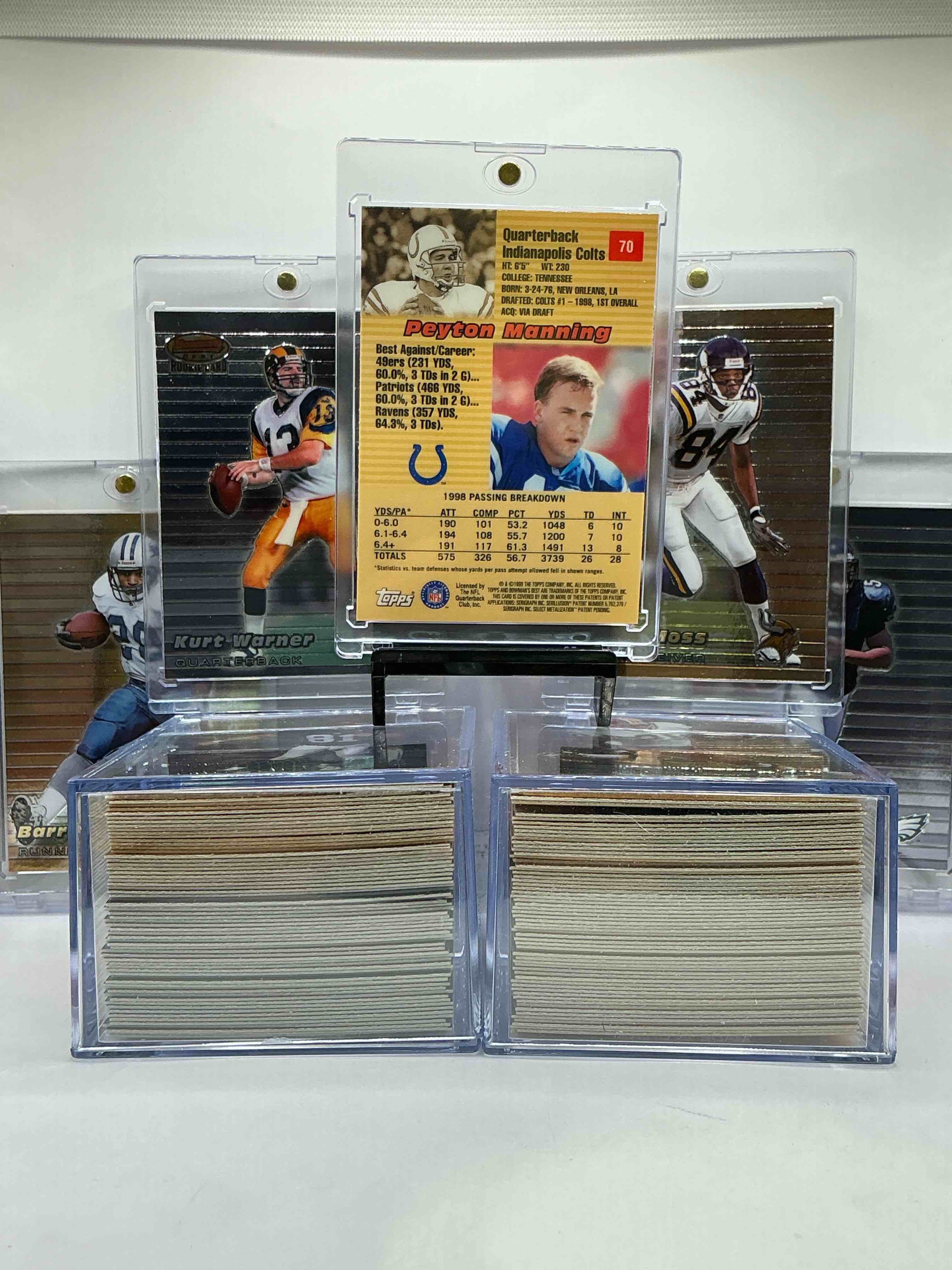 Condition photo showing New/Like New for peyton manning, randy moss, barry sanders, kurt warner rookie! 1999 bowman’s best! 133 card complete set of some of the nicest, top of the line cards! football insanity! 133 card nfl set, some of footballs biggest names included! perfect addition to any collection! 133 card complete set craziness! commons & legends!