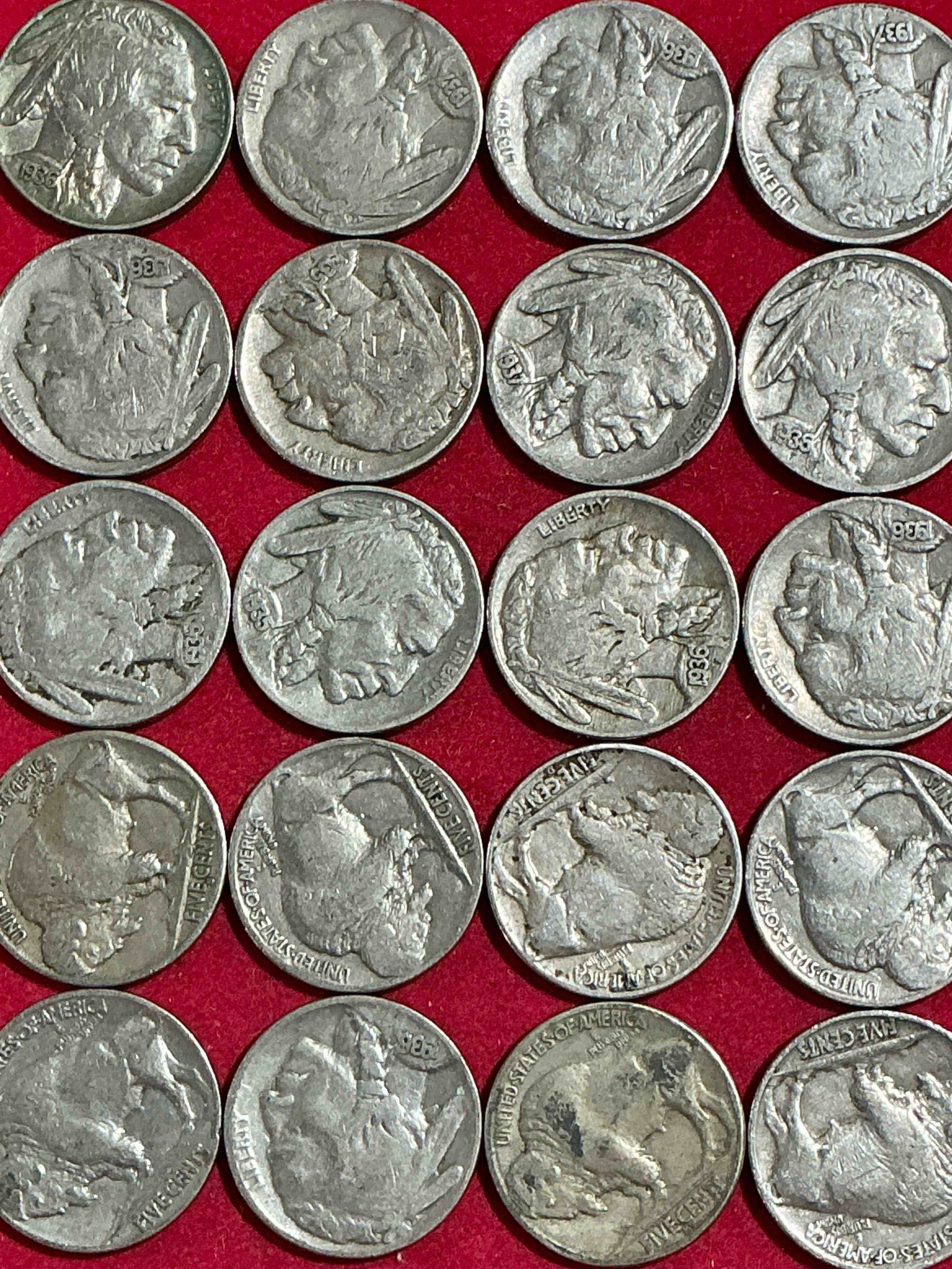 Condition photo showing Good Condition for historic buffalo nickels! indian head buffalo nickels were minted from 1913 to 1938 & have become a favorite for coin collectors around the world! own pieces of american history with these cool indian head buffalo nickels in circulated condition, most with visible dates which is very rare for buffalo nickels!