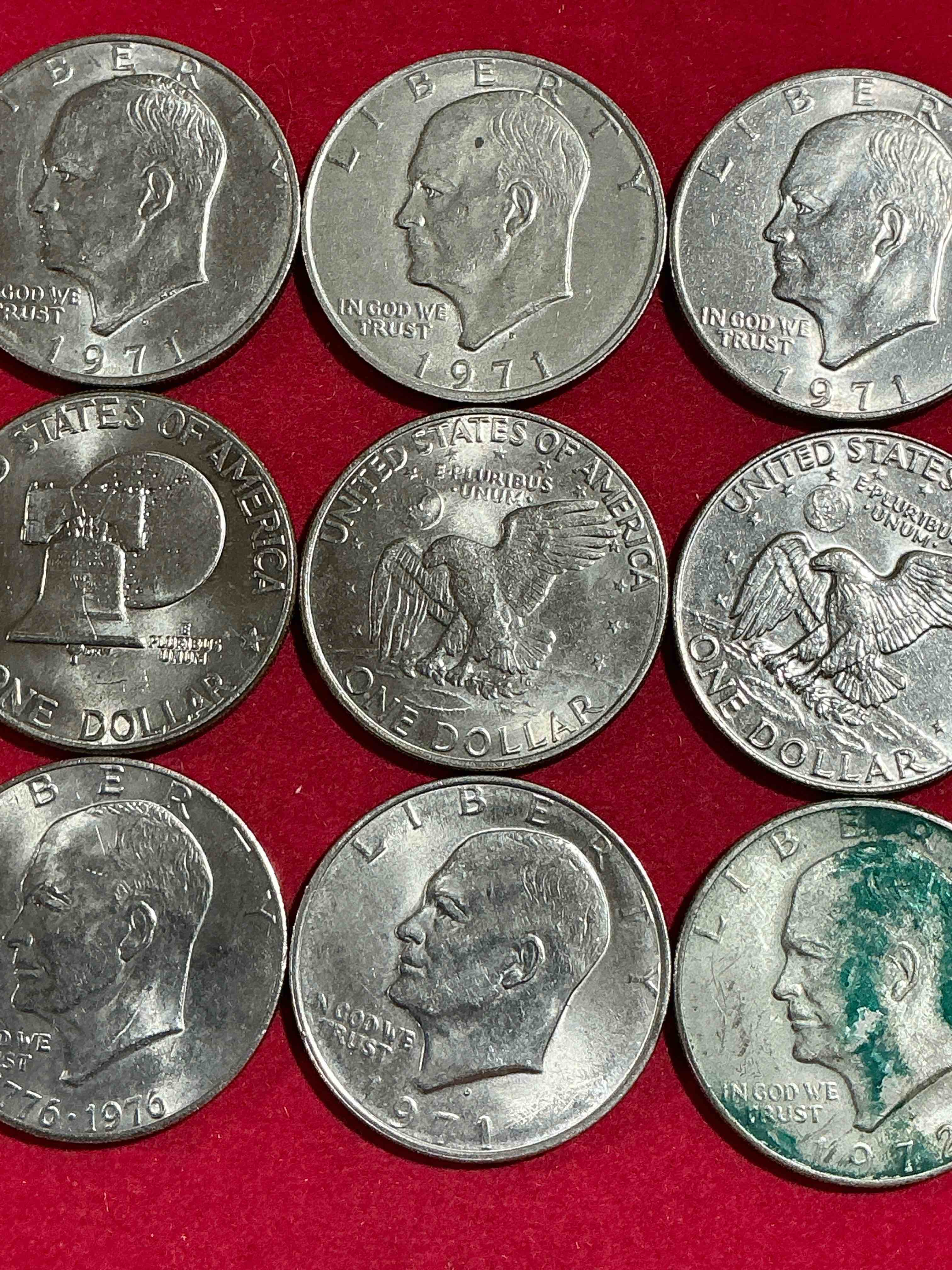 Condition photo showing Good Condition for eisenhower dollars! here’s 9 circulated “ike” dollars! up for auction are ike one dollar coins from different years! 1976! awesome ike dollars!