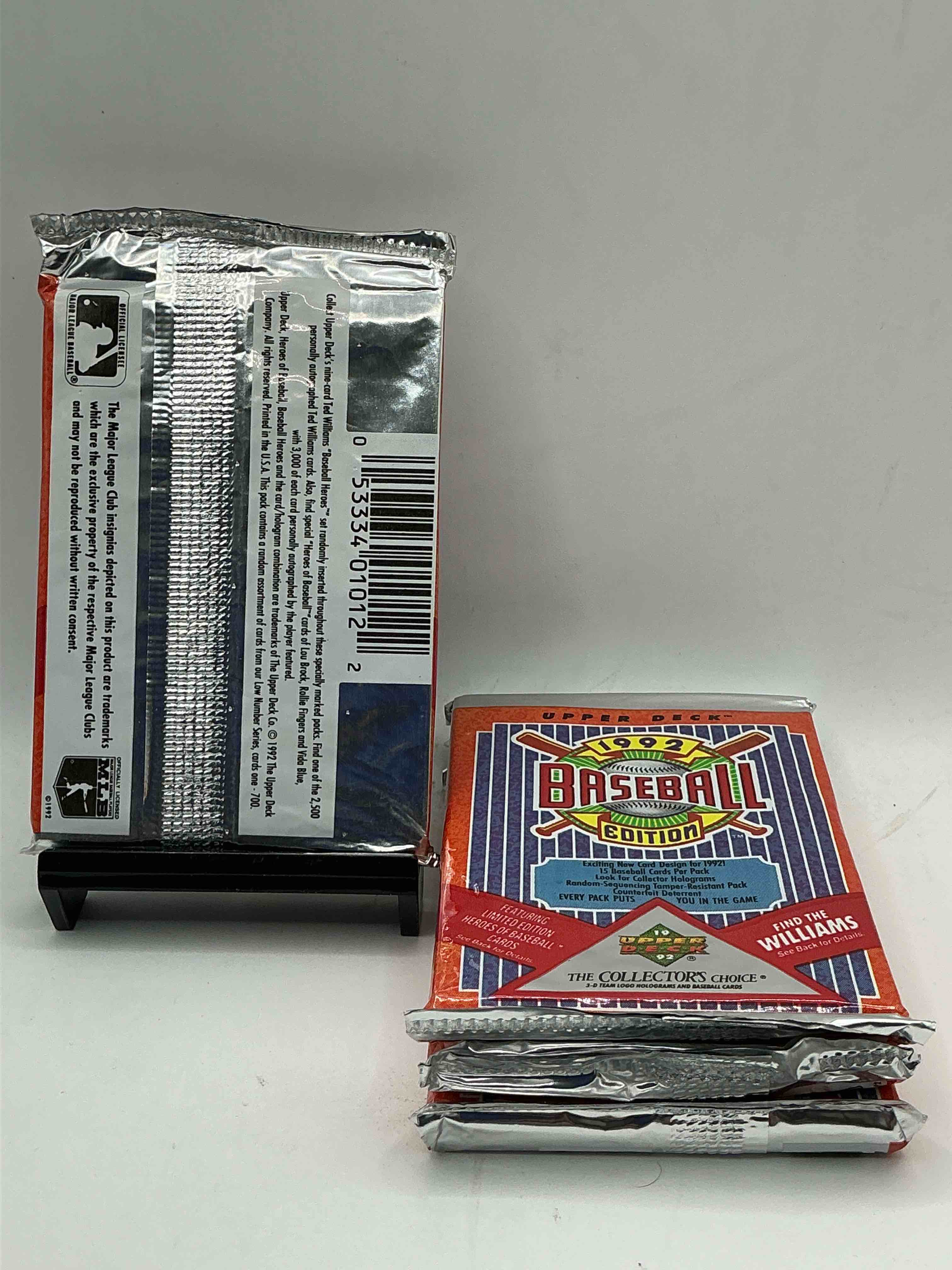 Condition photo showing New/Like New for 1992 upper deck baseball sealed sports & collectible card pack, direct from original sealed retail case! search for ultra rare & valuable ted williams & johnny bench signed insert cards as well as deion sanders, ken griffey jr., nolan ryan & so much more!