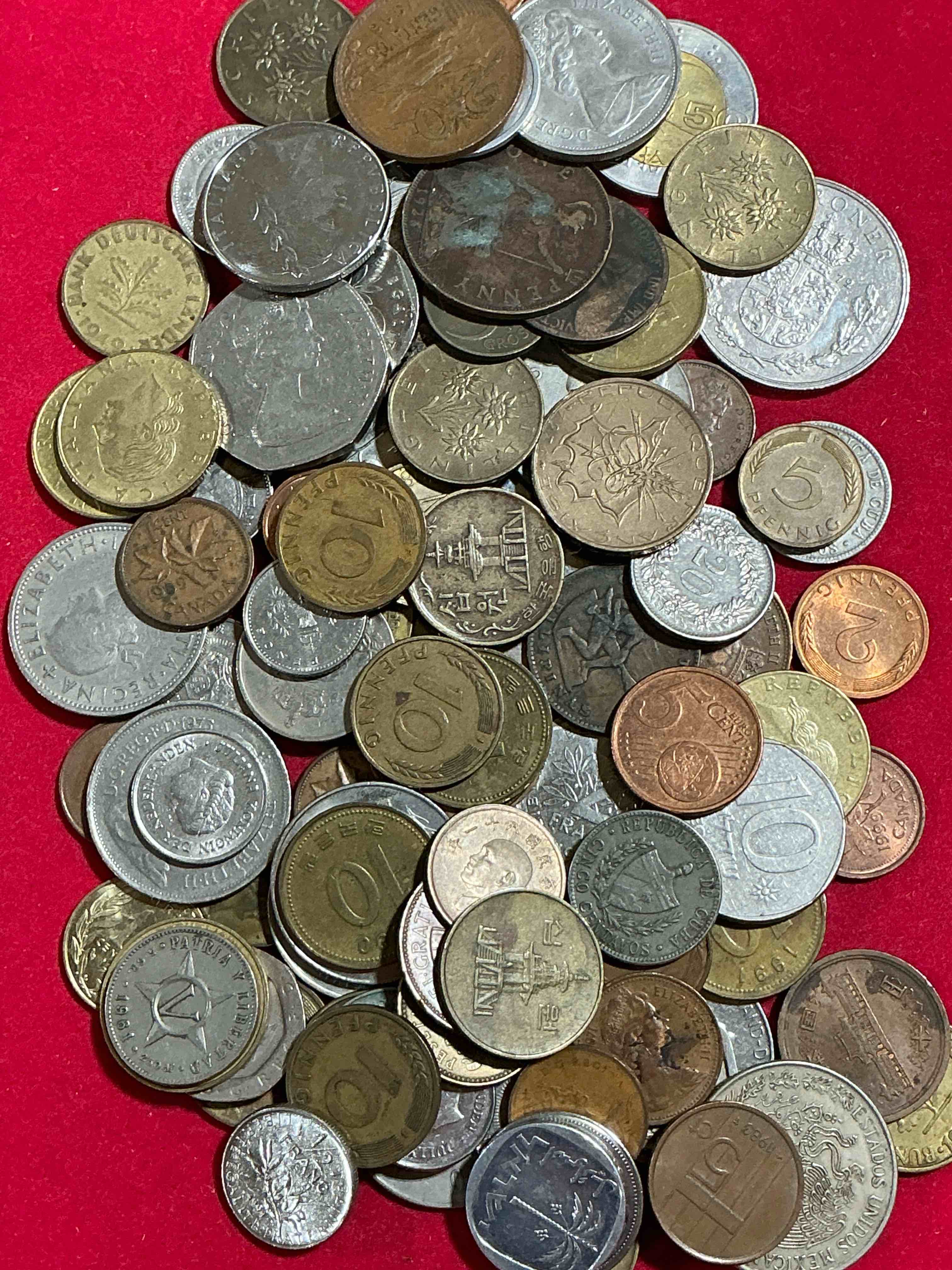 Condition photo showing Good Condition for world coins, antique & vintage! each lot is unique! many different years, countries, sizes & exotic places. this cool collection of antique coins from around the world is loads of fun! have fun identifying each coin & country as a great educational tool! a great investment too!