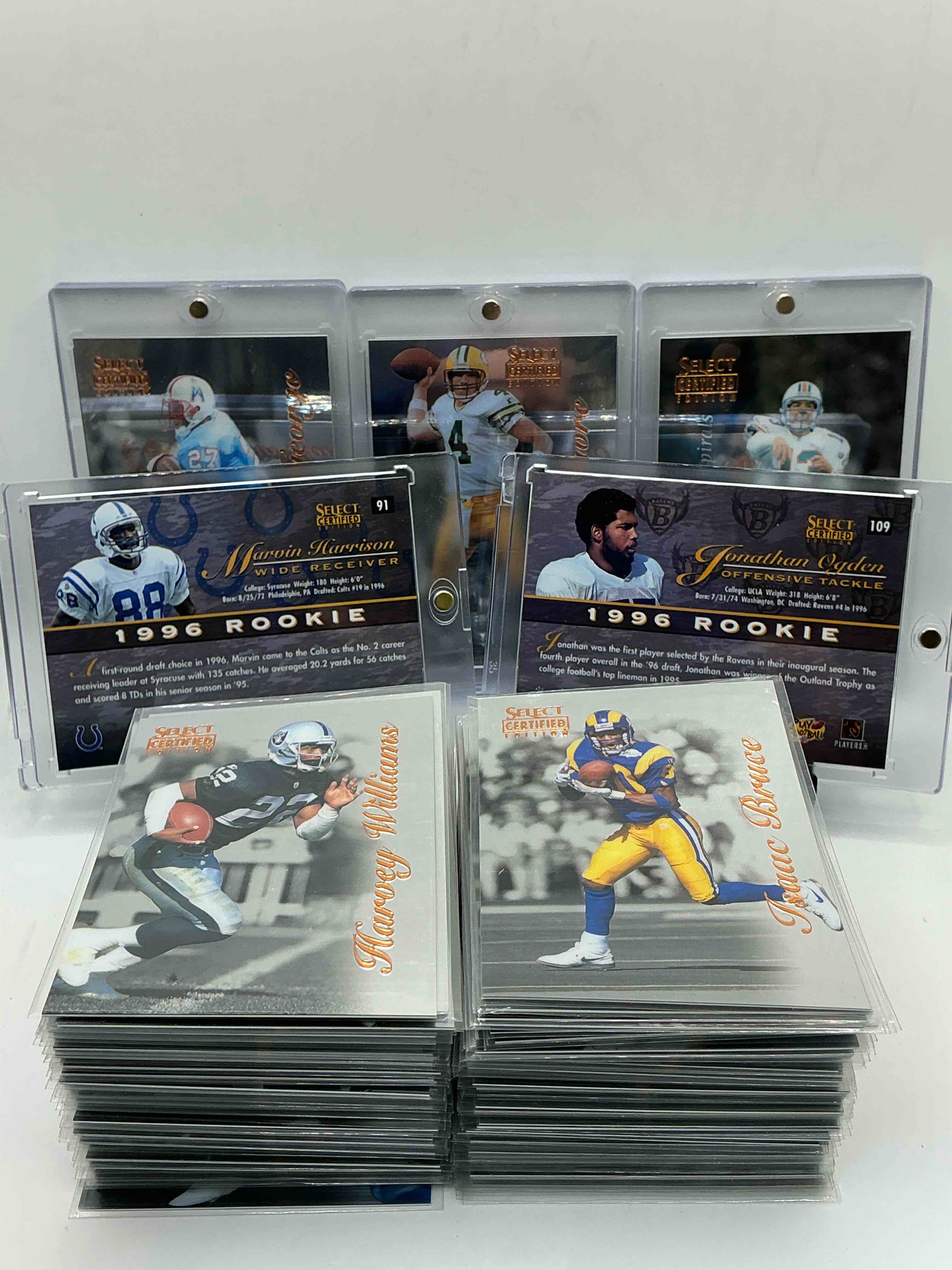 Condition photo showing New/Like New for 1996 ultra rare complete football set!  1996 select certified football complete 125 card set, excellent condition!  this rare set includes key rookies from marvin harrison, eddie george & so much more!  super hard to find complete!  a rare, serious collectible!  