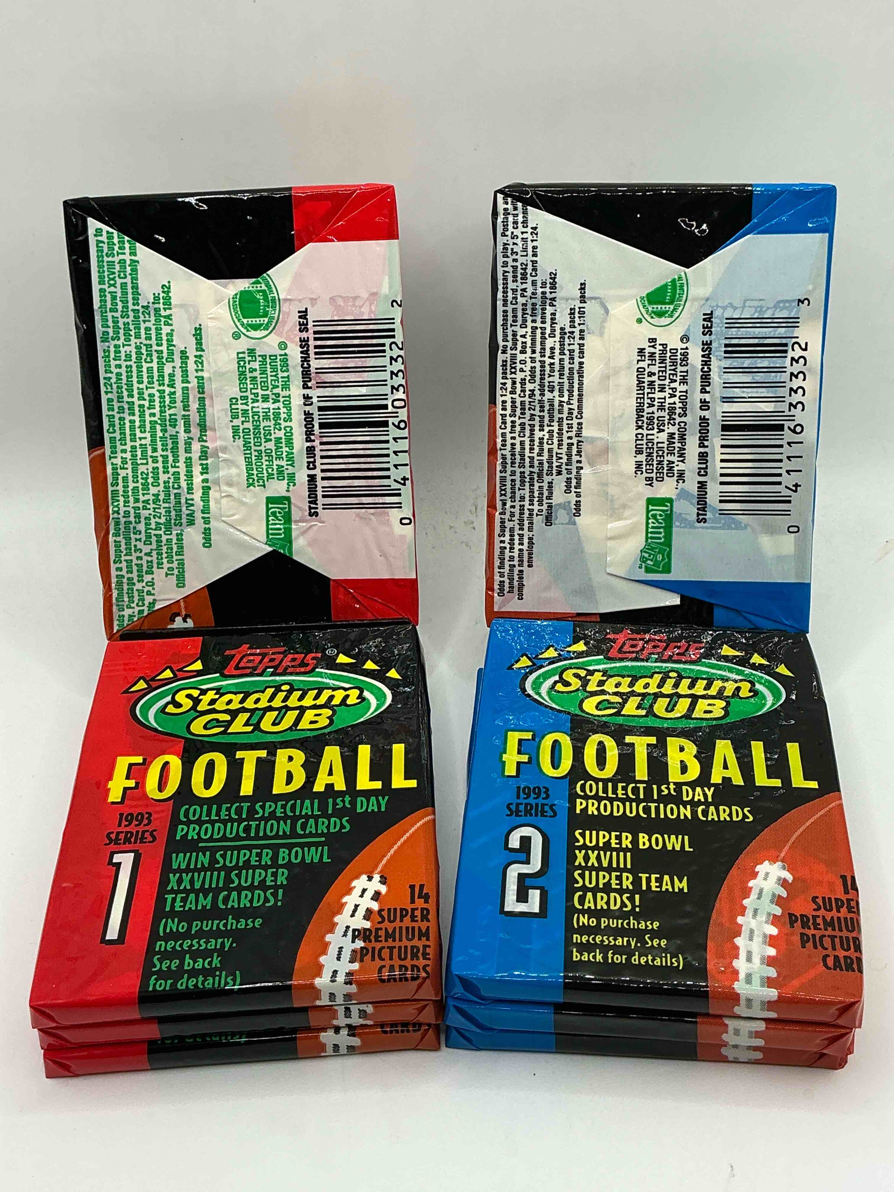 Condition photo showing New/Like New for wow! 1993 topps stadium club nfl football sports card collectible sealed card packs, series i & ii, direct from original retail case! hard to find! search for deion sanders, joe montana, jerry rice & tons of early 90's stars! super rare ‘93 topps football sealed packs come up for sale rarely anywhere... now's the chance!
