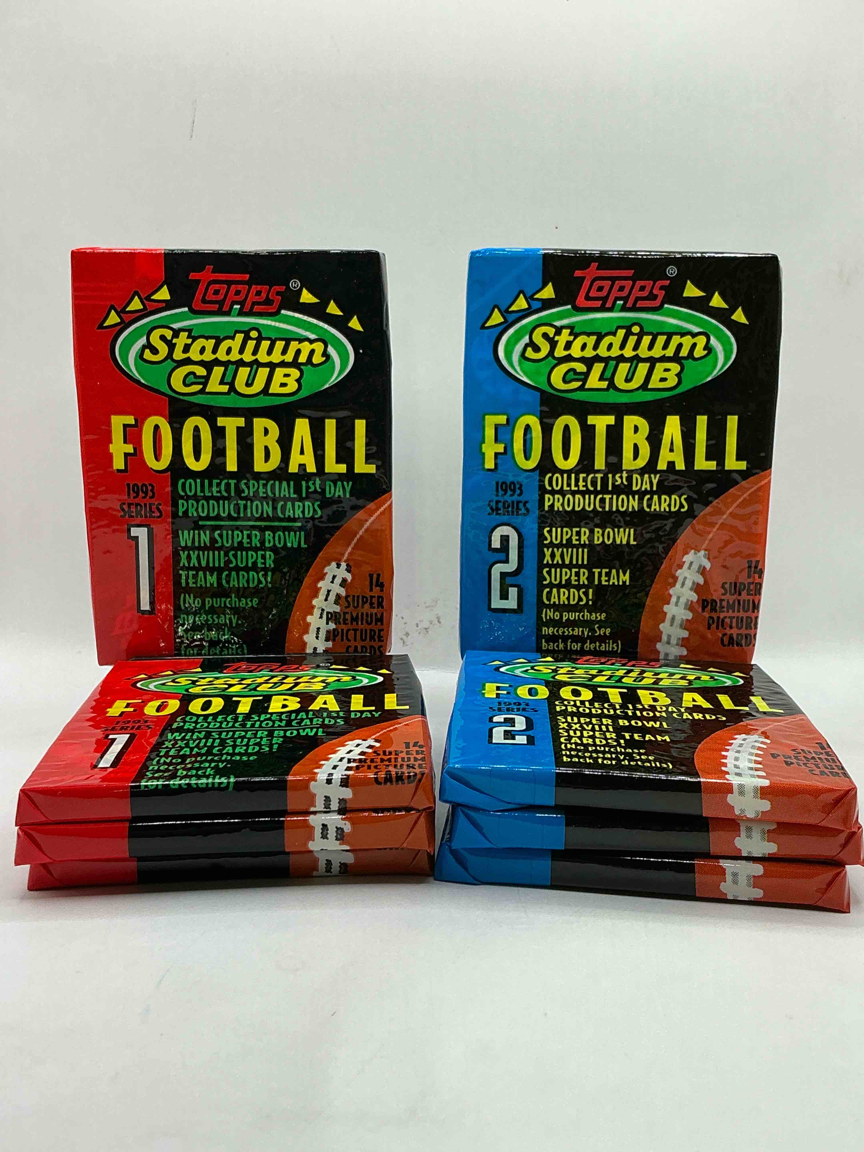 series 1 & 2! topps stadium club football 1993! wow! still in original wrap! drew bledsoe, marvin jones, jerome bettis & more! awesome 90’s sports cards!