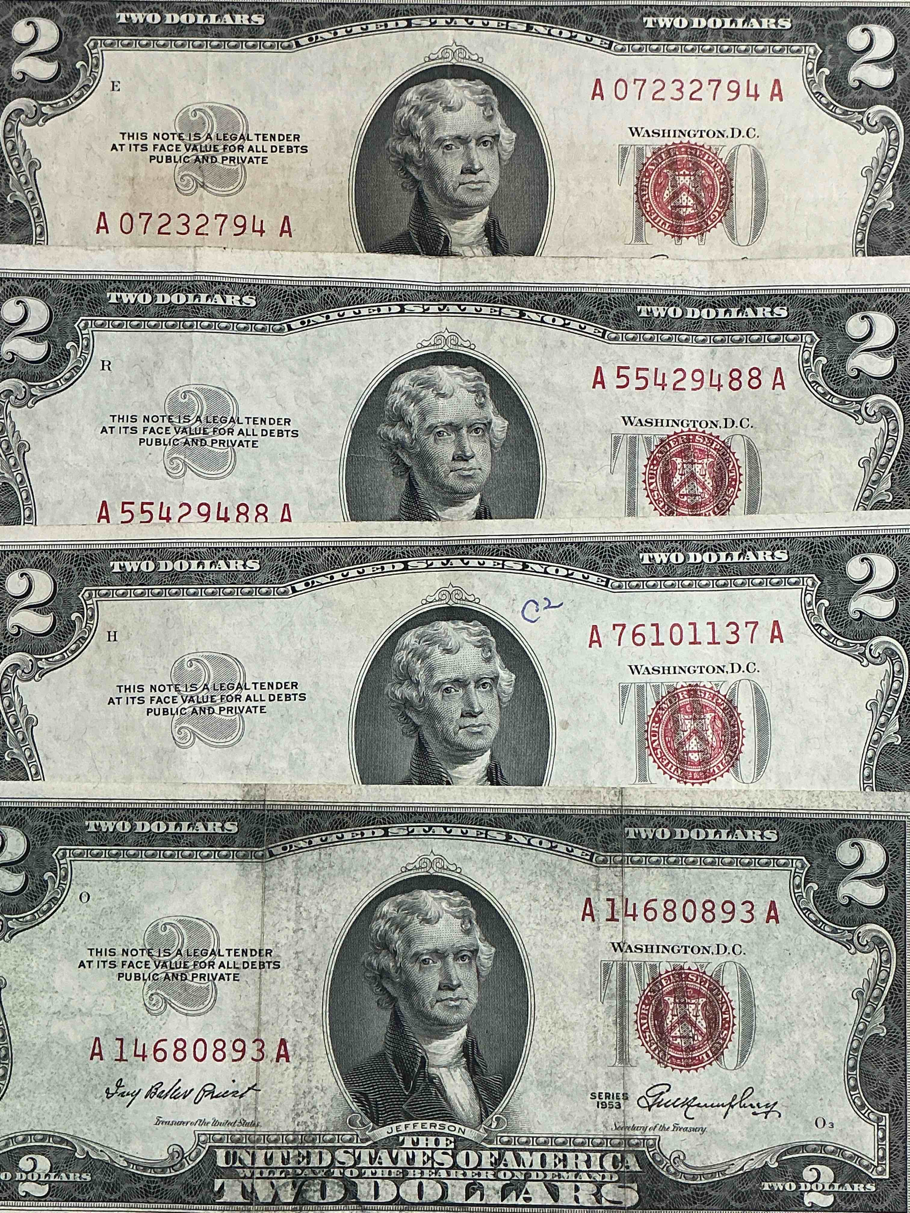 Rare Red Seal Two Dollar Bills! 1953 & 1963 Edition Paper Money! Check Out These Rare Bills, Perfect Addition To Any Collection!