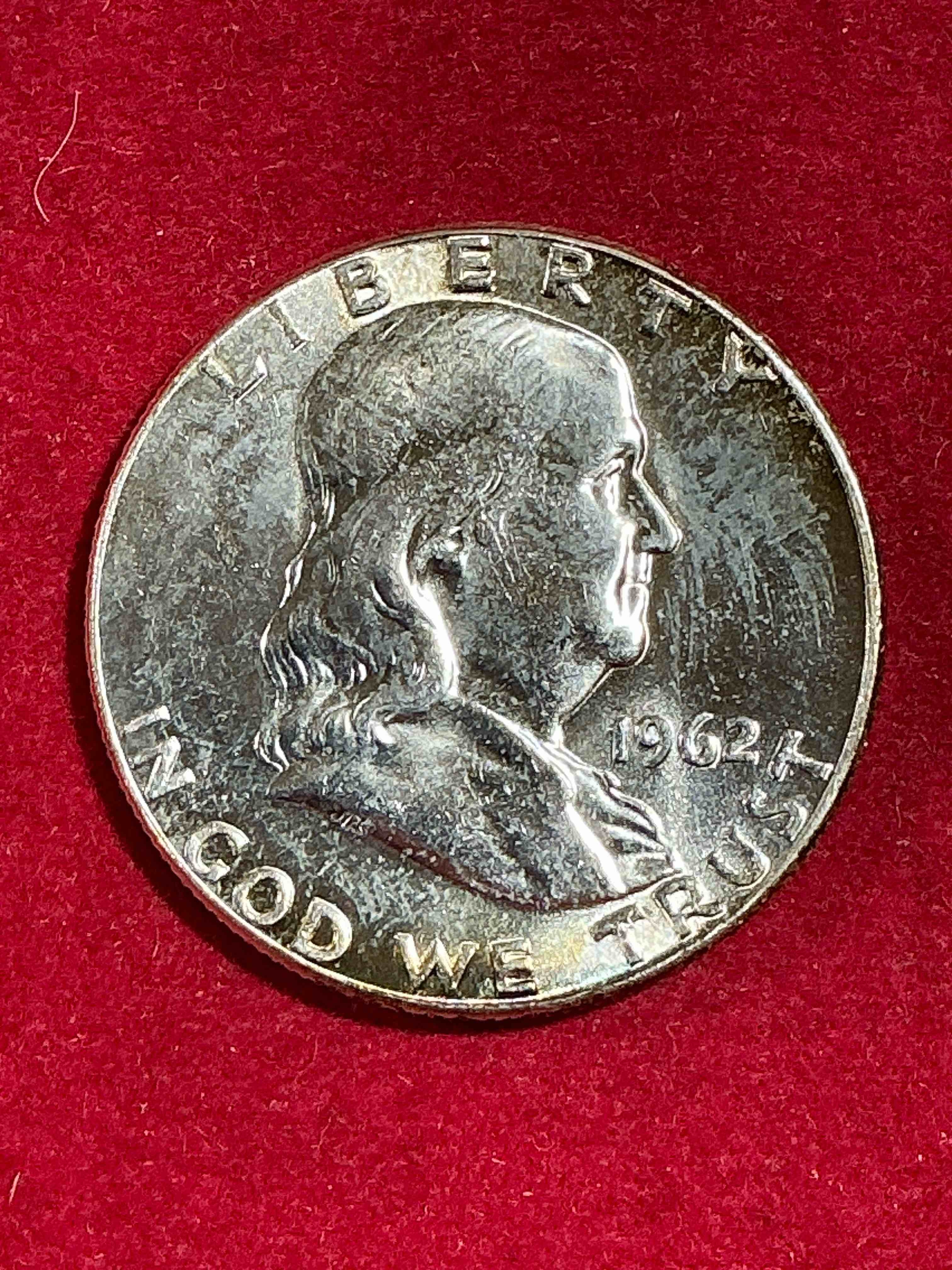 Ben Franklin Silver! Pre 1965 Silver U.S. Half Dollar Coin! Before 1965 American Half Dollars Were Actually Silver, Here Is A Rare 1962 Version in Good Condition! Great For Investing In Precious Metals! These Heavy Half Dollars Were Minted At 90% Silver and 10% Copper, Giving Them A Net Weight Of .36169 Ounces Of Pure Silver Per Coin! Very Rare In This Great Condition!