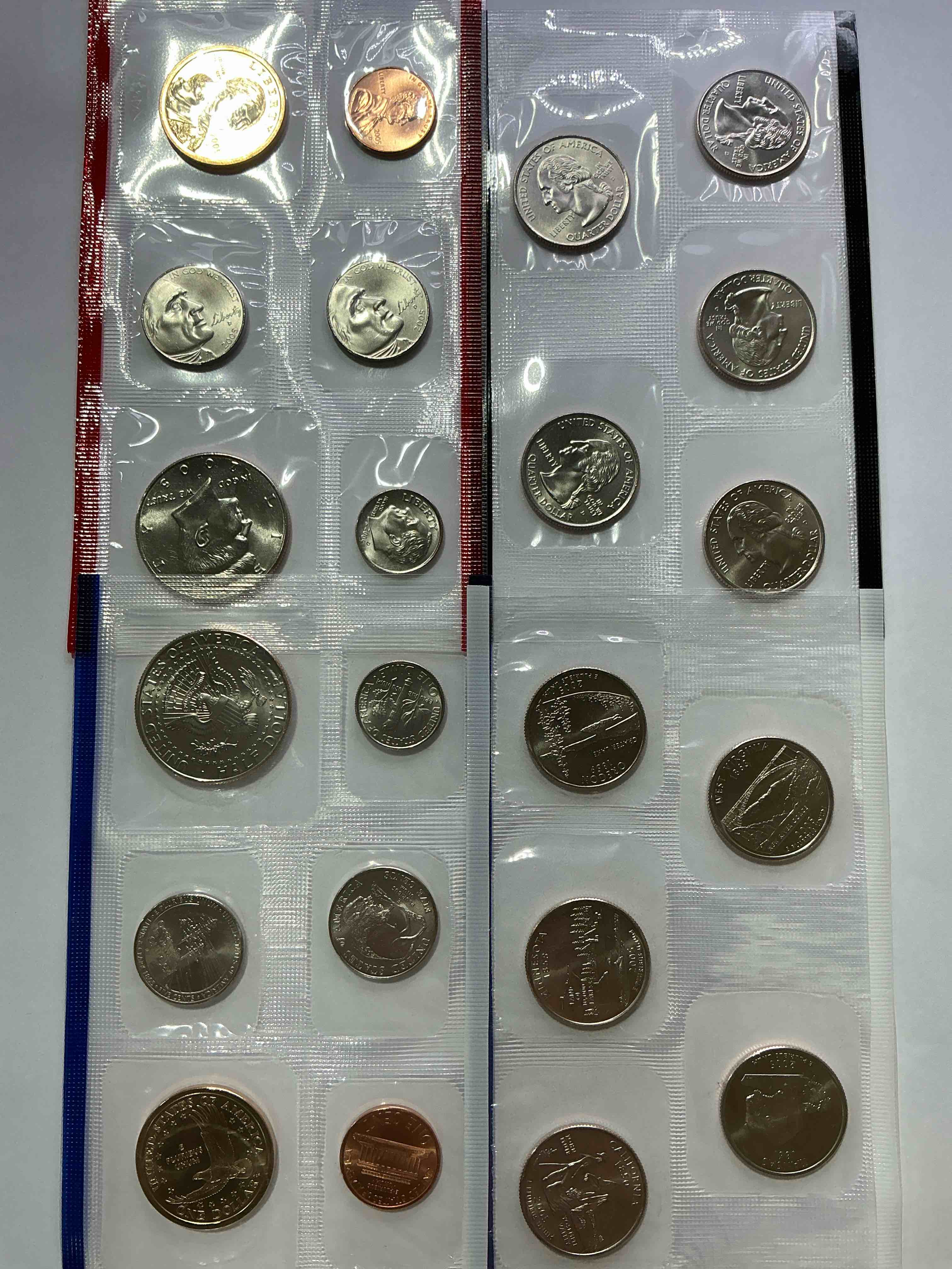 2005 mint coins! uncirculated 22 coins, including sacagawea dollar coins, half dollars, state quarters, dimes, nickels & pennies! insane mint coins!