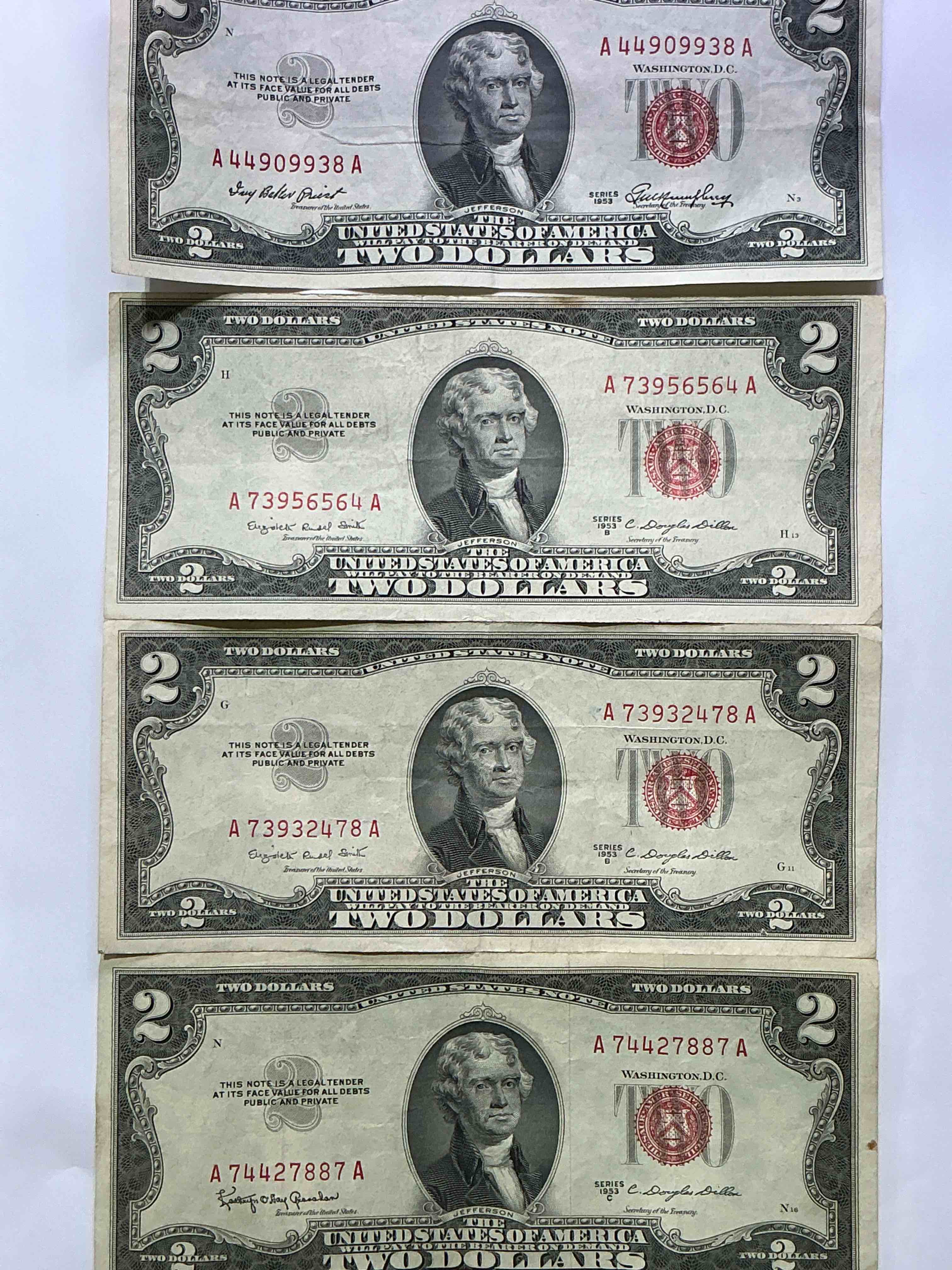 rare red seal two dollar bills! 1953 & 1963 edition paper money! check out these rare bills, perfect addition to any collection!