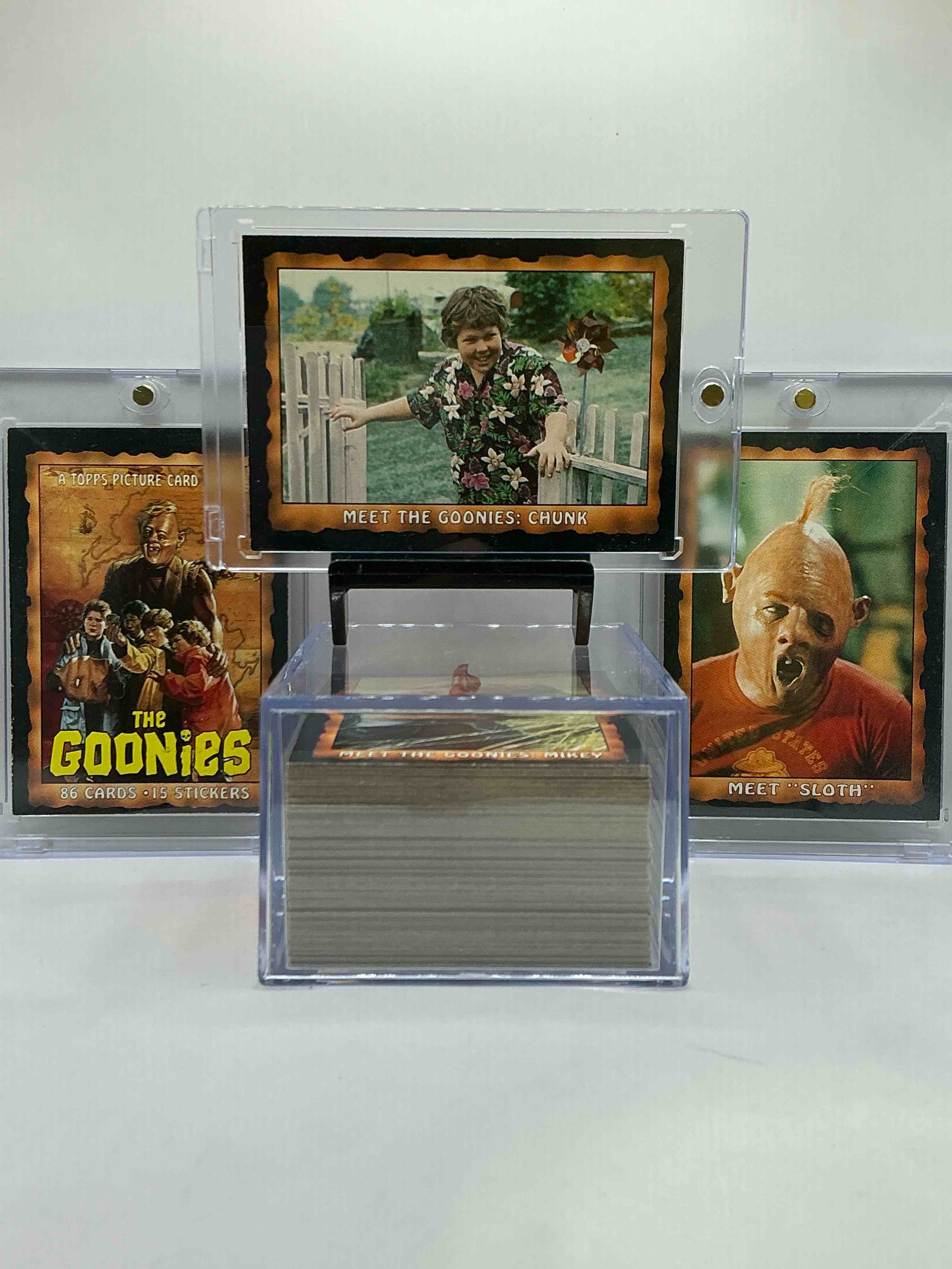 1985 goonies wow!  complete, original & authentic “goonies” movie trading card set, all 86 cards included complete!  excellent condition!  this set is a serious pop culture collectible, ultra rare complete & in this great condition!  your chance to own a little “piece of the 80’s” & have some collectible fun with chunk, sloth & the rest of the gang!
