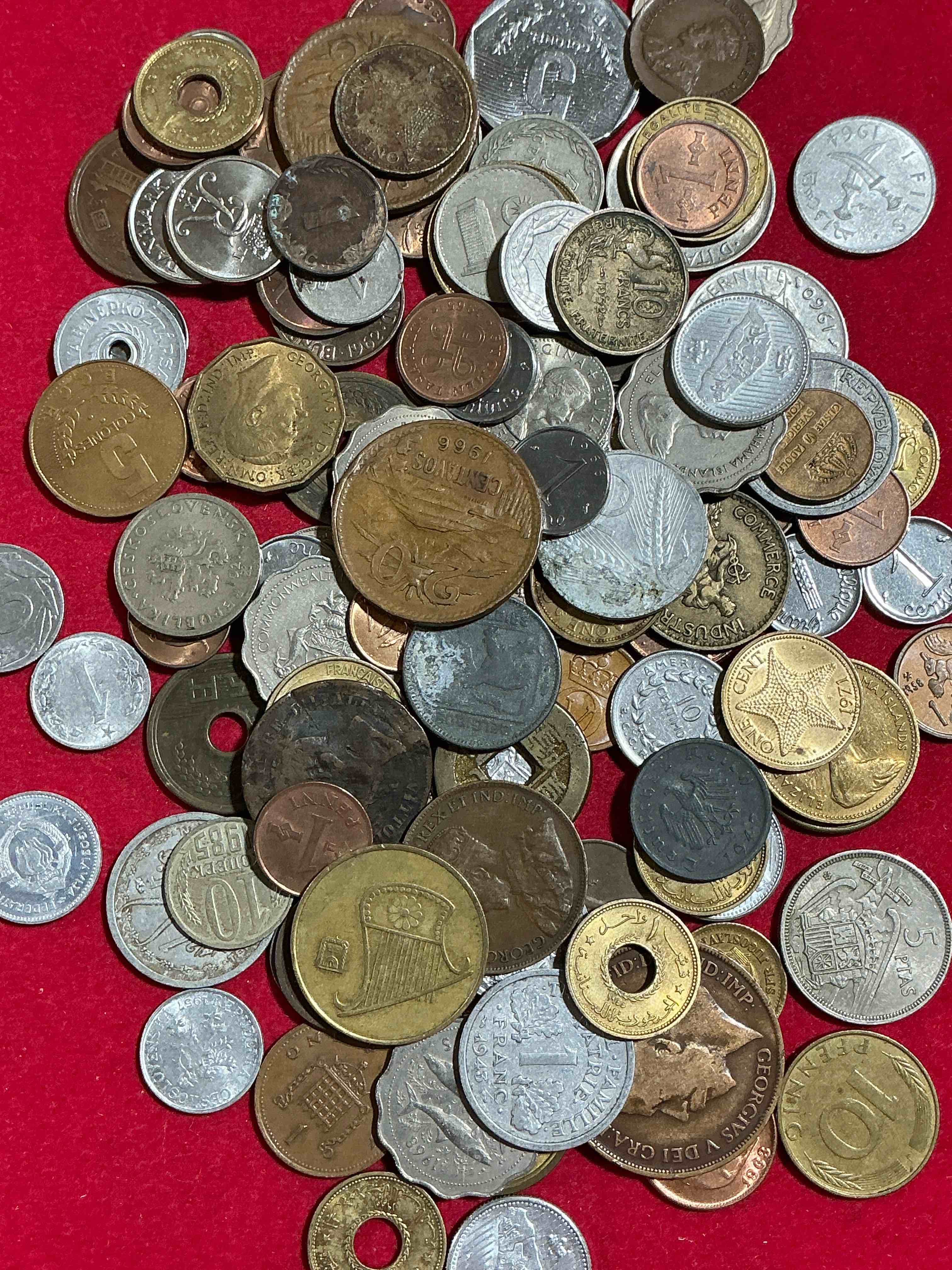 Condition photo showing Good Condition for world coins, antique & vintage! each lot is unique! many different years, countries, sizes & exotic places. this cool collection of antique coins from around the world is loads of fun! have fun identifying each coin & country as a great educational tool! a great investment too!