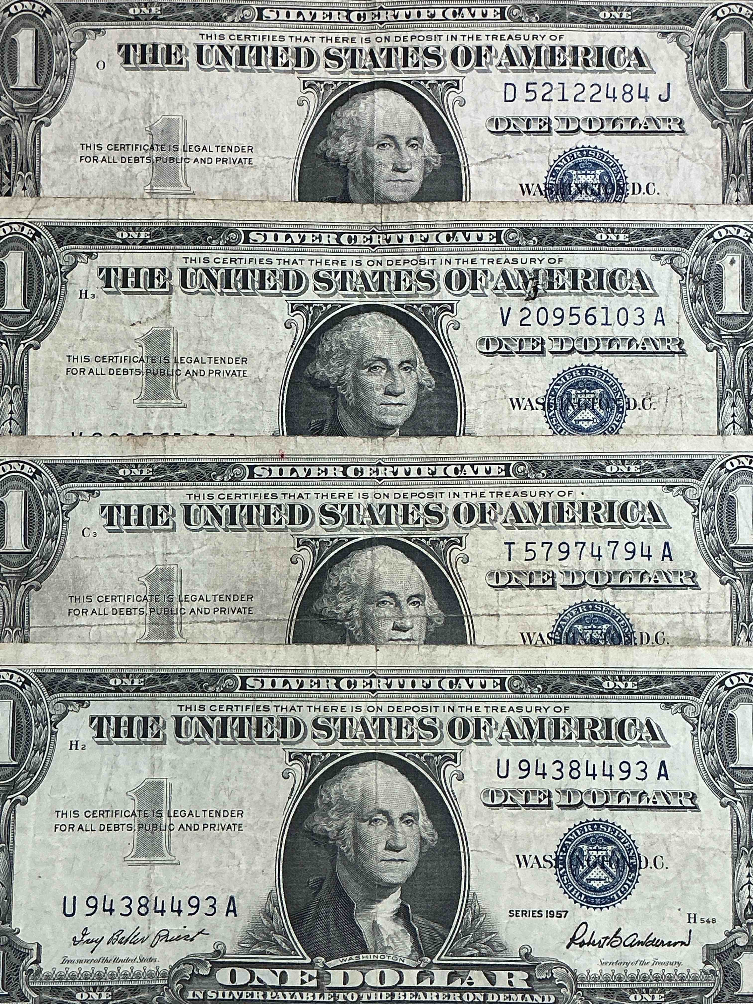 1957 & 1935 silver certificates! did you know that prior to 1964 one dollar u.s. paper money was actually redeemable for silver dollars?! wow how times have changed! silver certificates were produced from 1878 to 1964 & are still considered legal tender at face value. here are gorgeous, circulated 1935 & 1957 u.s. one dollar silver certificate, with highly collectible "blue seal!* own an awesome piece of history!