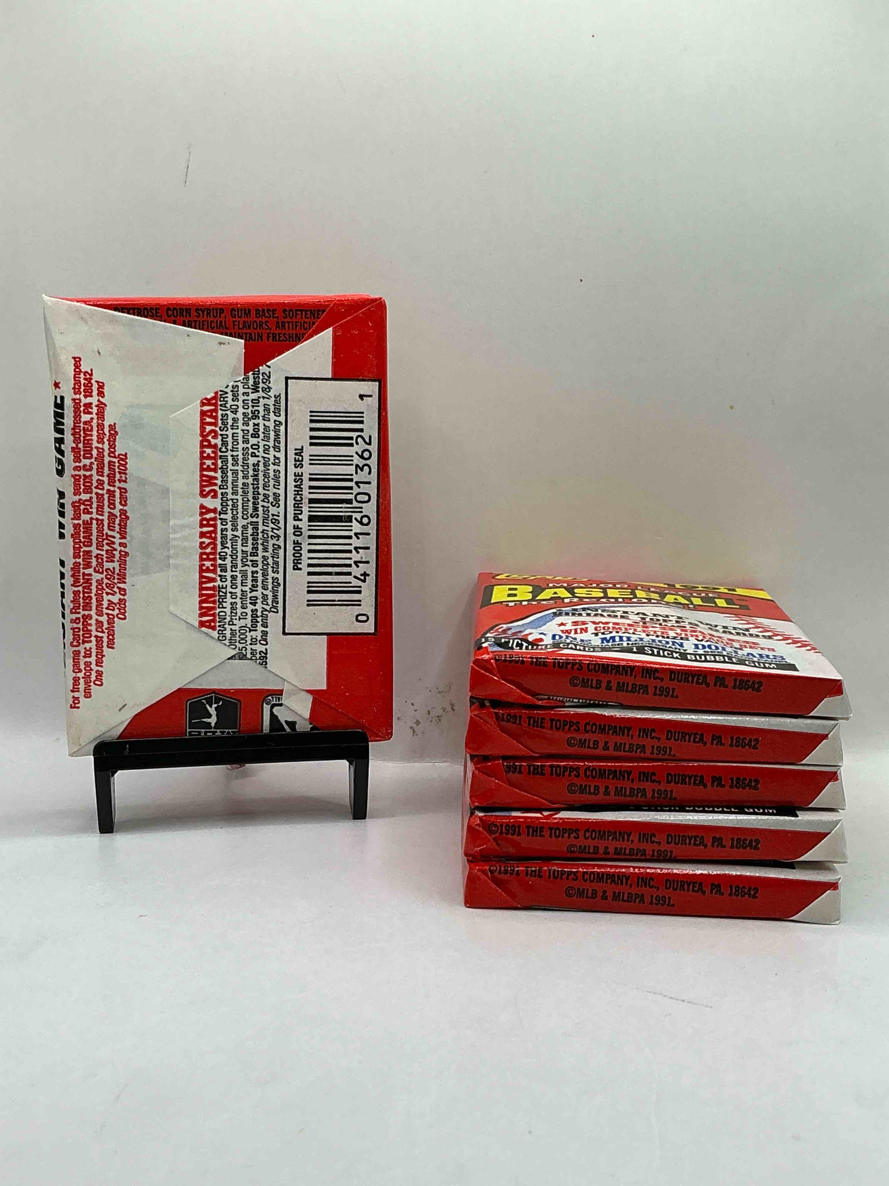 Condition photo showing New/Like New for 1991 topps baseball card unopened packs, straight from box! search for ken griffey jr cards, bo jackson cards & other 80s & 90s stars! perfect baseball packs!