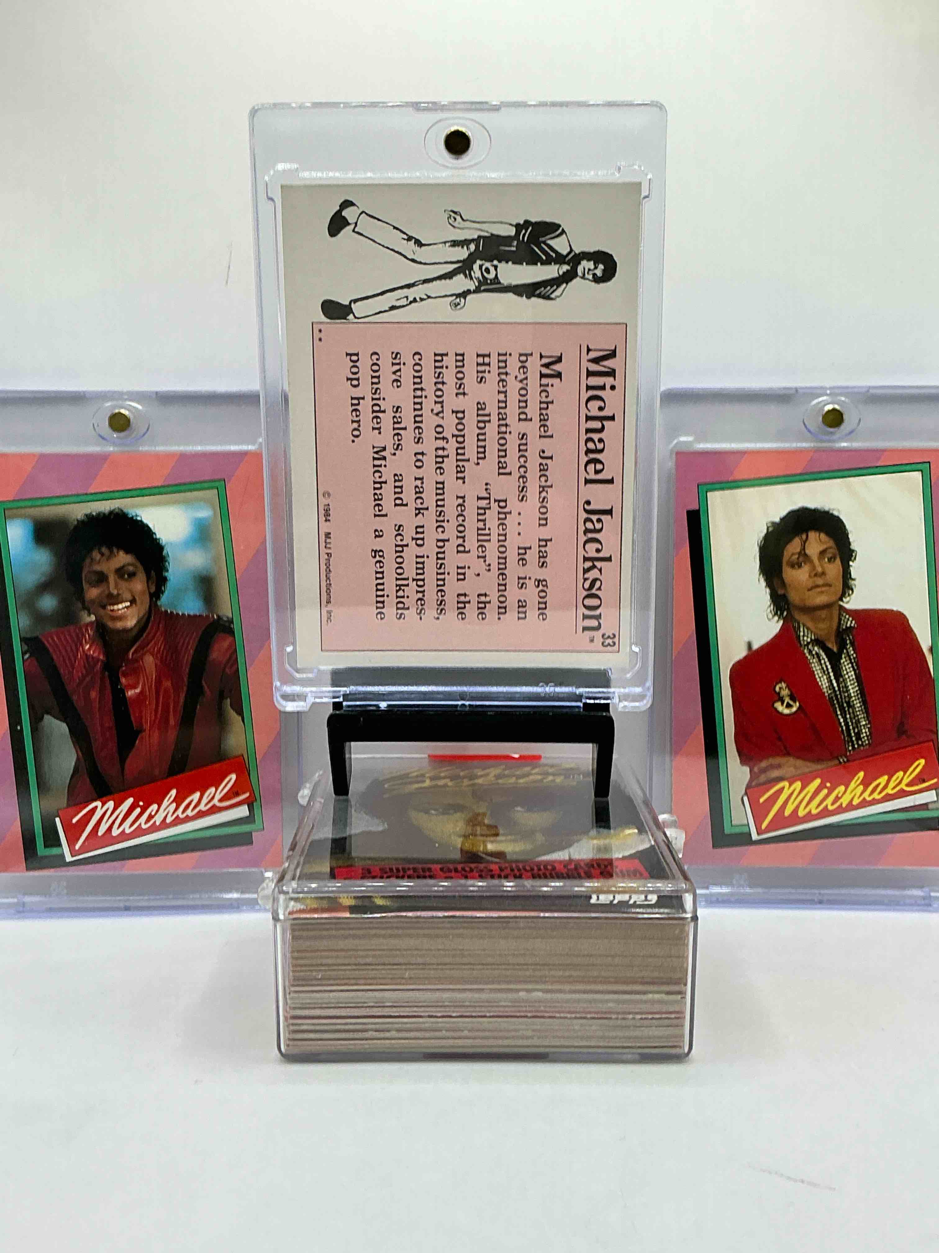 Condition photo showing New/Like New for 1984 complete rock history, ultra rare! all 66 pieces together! complete 1984 michael jackson trading card & sticker set, in great condition! super rare to find all 33 cards & 33 stickers together! own a serious collection of rock n roll history!