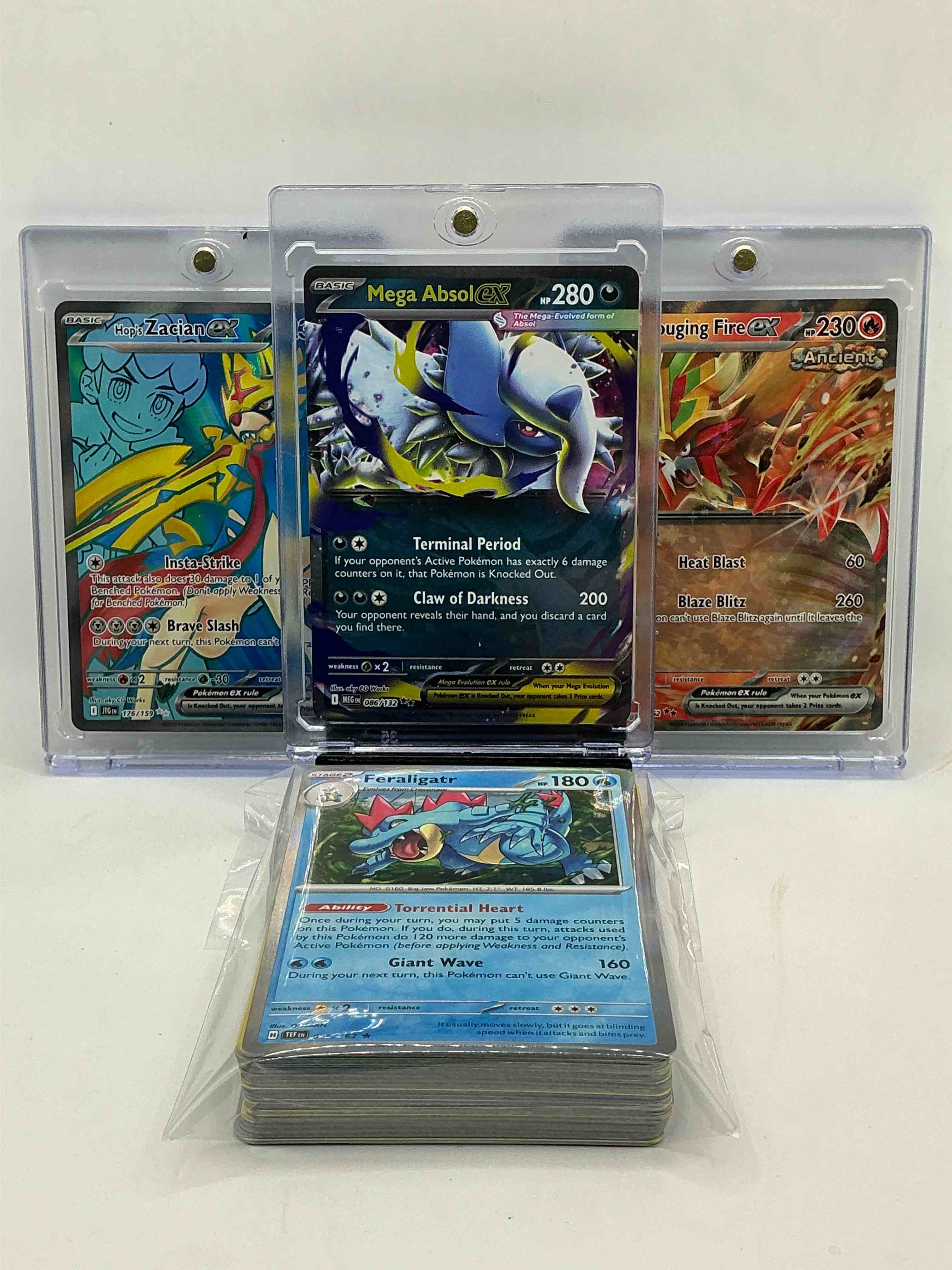 Pokémon Party! Mega Absol EX! Hop’s Zacian EX! Gouging Fire EX! Along With 50 Other Pokémon Heroes, Holos, Legends & Commons- Including Holographic Cards, Stage 2 Cards, Holos In All Forms & More! Also Includes 36 Non Holo Common/ Uncommon Basic & First Stage Cards Trainers & Energy Too! Perfect Set For Collectors & Enthusiasts!