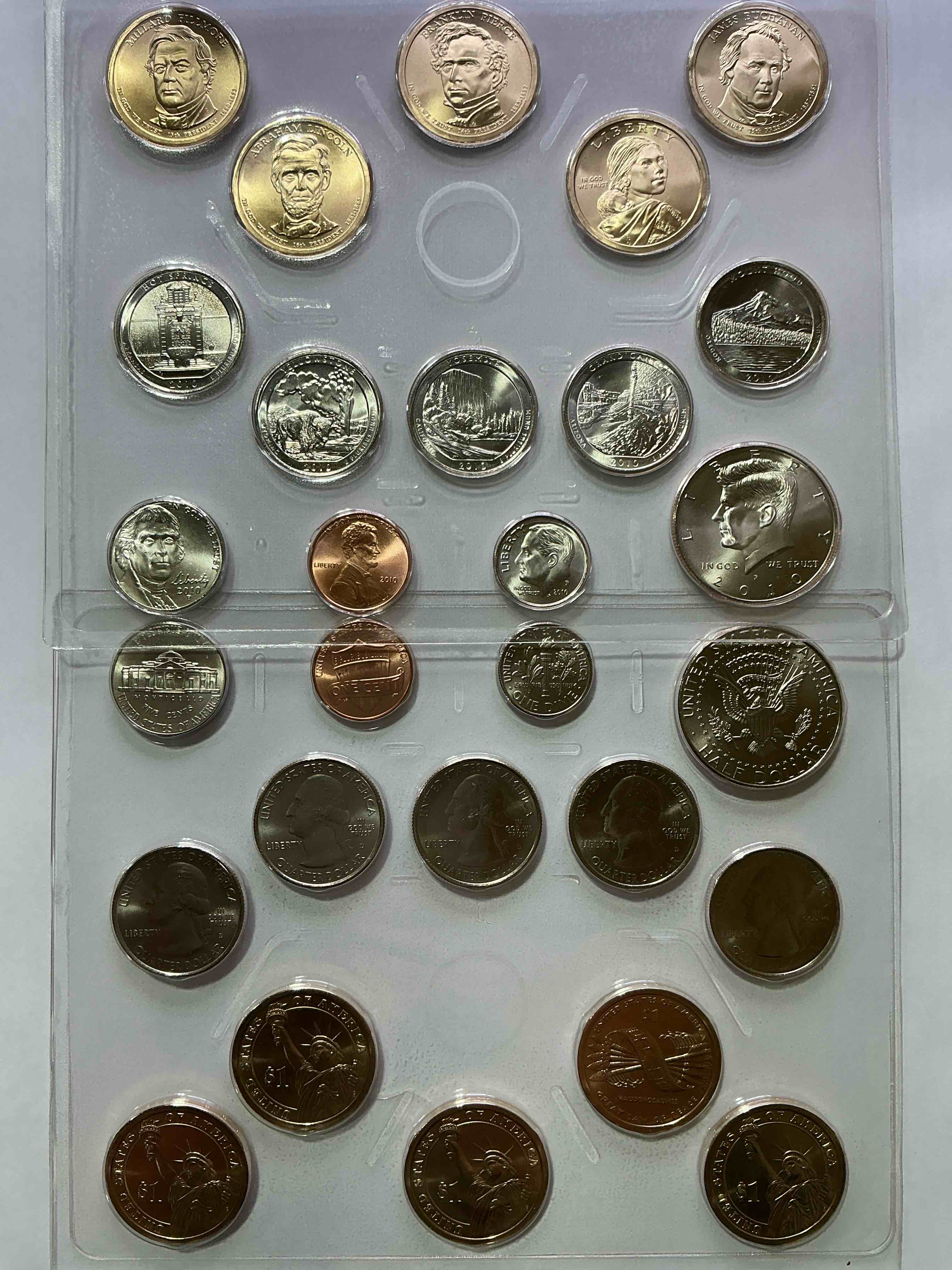 28 coin craziness! denver & philly mints! 2010 uncirculated mint set coins! includes half dollars, president dollar coins, dimes, nickels, pennies & quarters! cool coin collectible! 