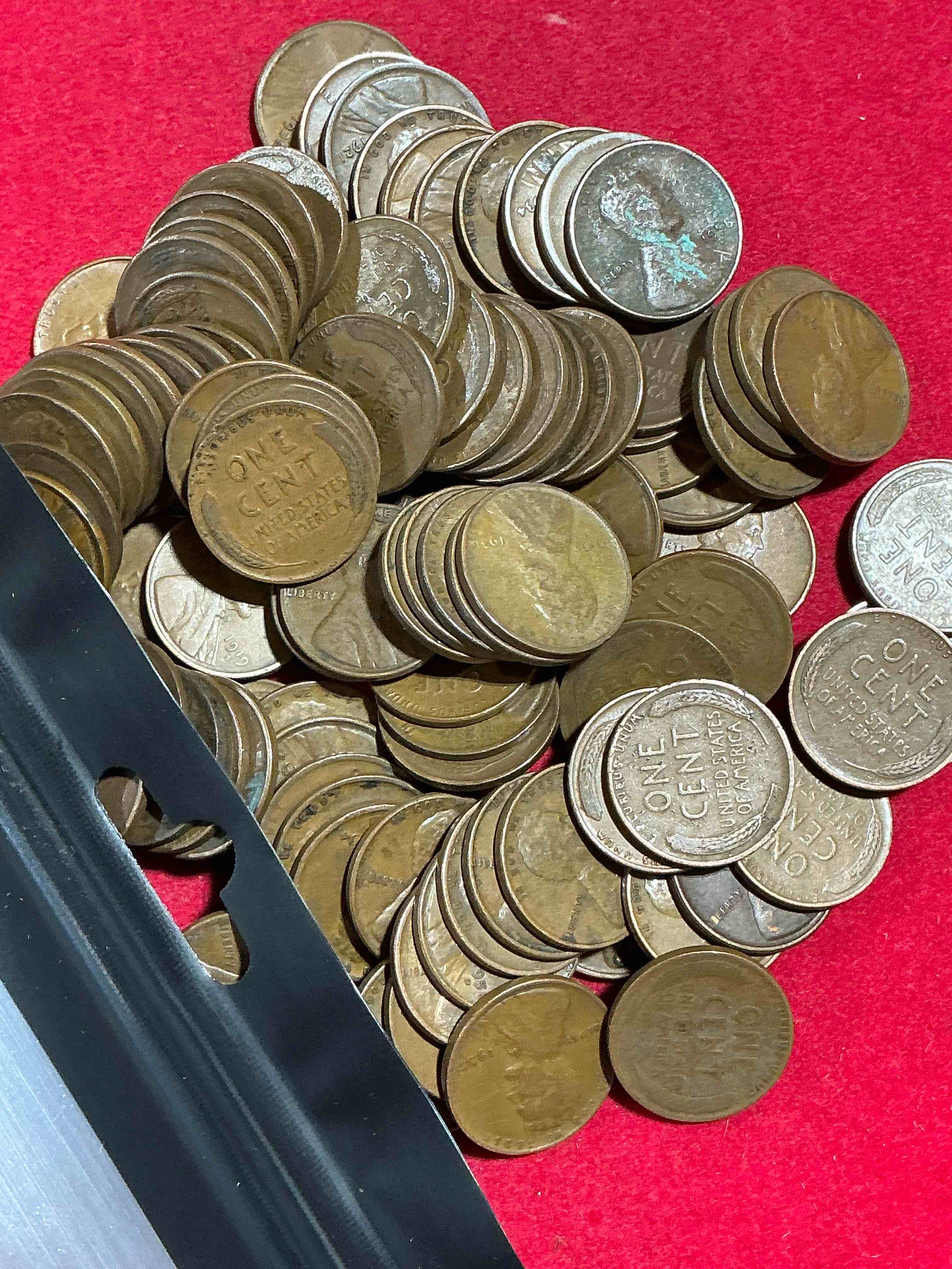 Condition photo showing Good Condition for antique wheat pennies 100 count un-searched lot! wheat pennies were minted from 1909-1958 originally replacing the indian head penny. there are many, many interesting & valuable years / mint marks in wheat pennies, win this lot & have fun searching to see what you get! a great way to start collecting antique coins!