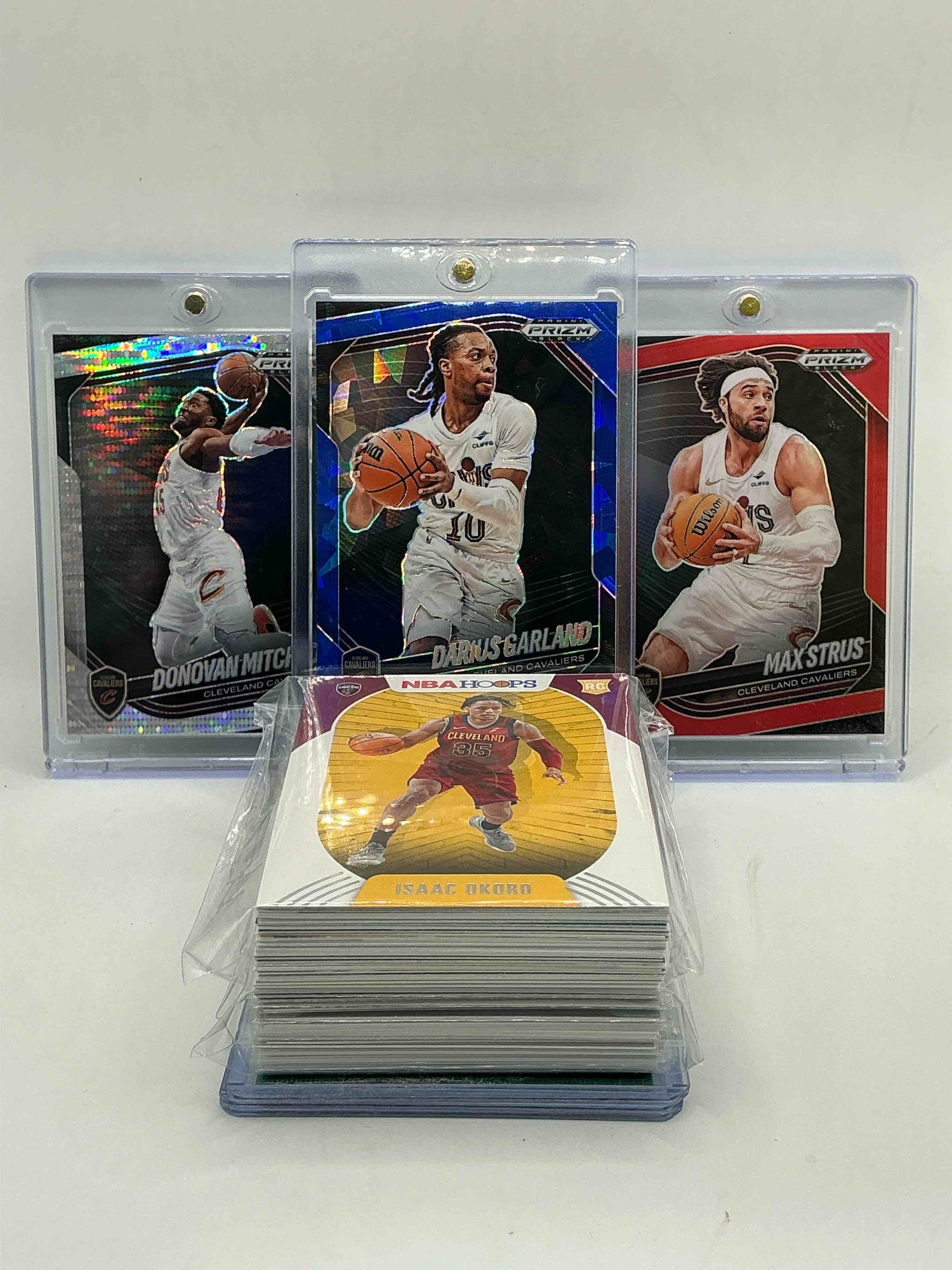 Cavaliers Craziness! 2024 Prizm Black Blue Ice Darius Garland Numbered 064/125! 2024 Prizm Black Silver & Red Max Strus Numbered 114/299! Prizm Black Silver Shimmer Donavan Mitchell! Along With 50 Other Cavs Heroes, Legends, Rookies & Commons!  