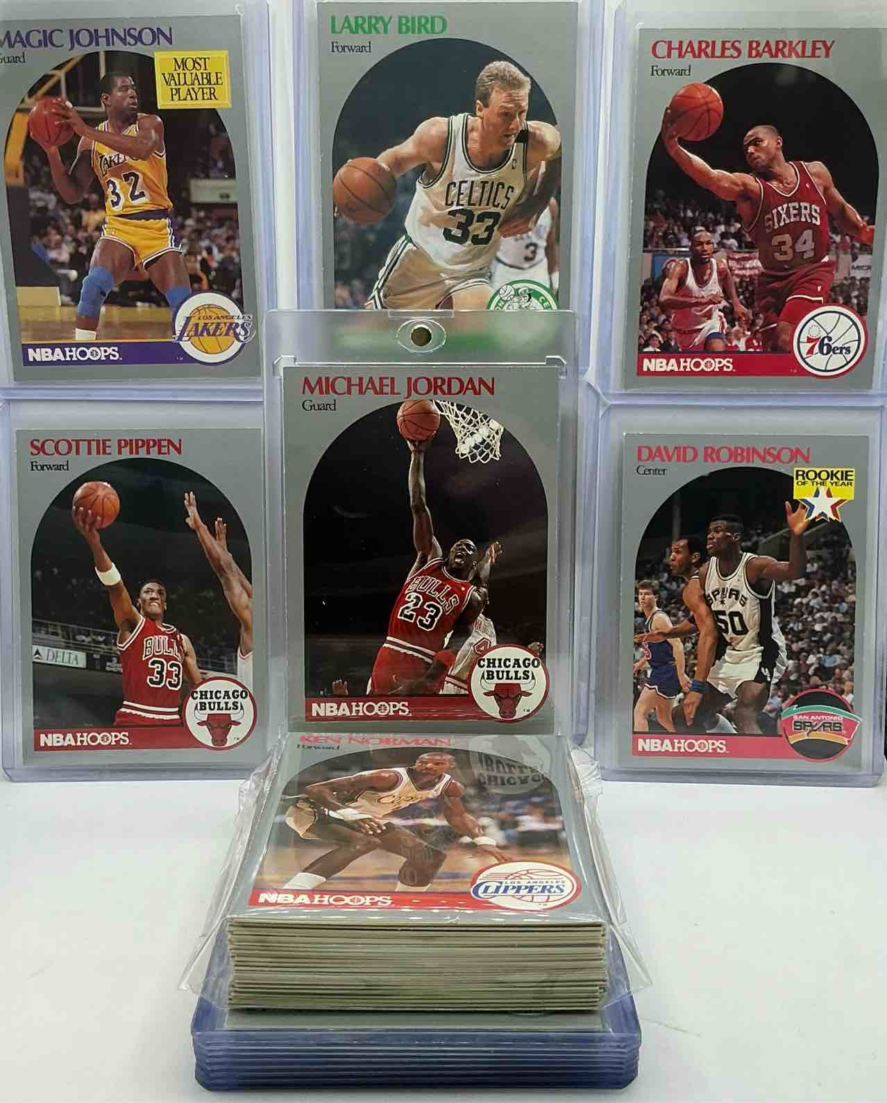 michael jordan! 1990 nba hoops 50 card basketball! the best cards from the year! michael jordan, larry bird, scottie pippen, david robinson, charles barkley, akeem olajuwon, karl malone, clyde drexler & more! all stars, hall of famers, champions & more, the perfect mix of miscellaneous '90 nba variety!