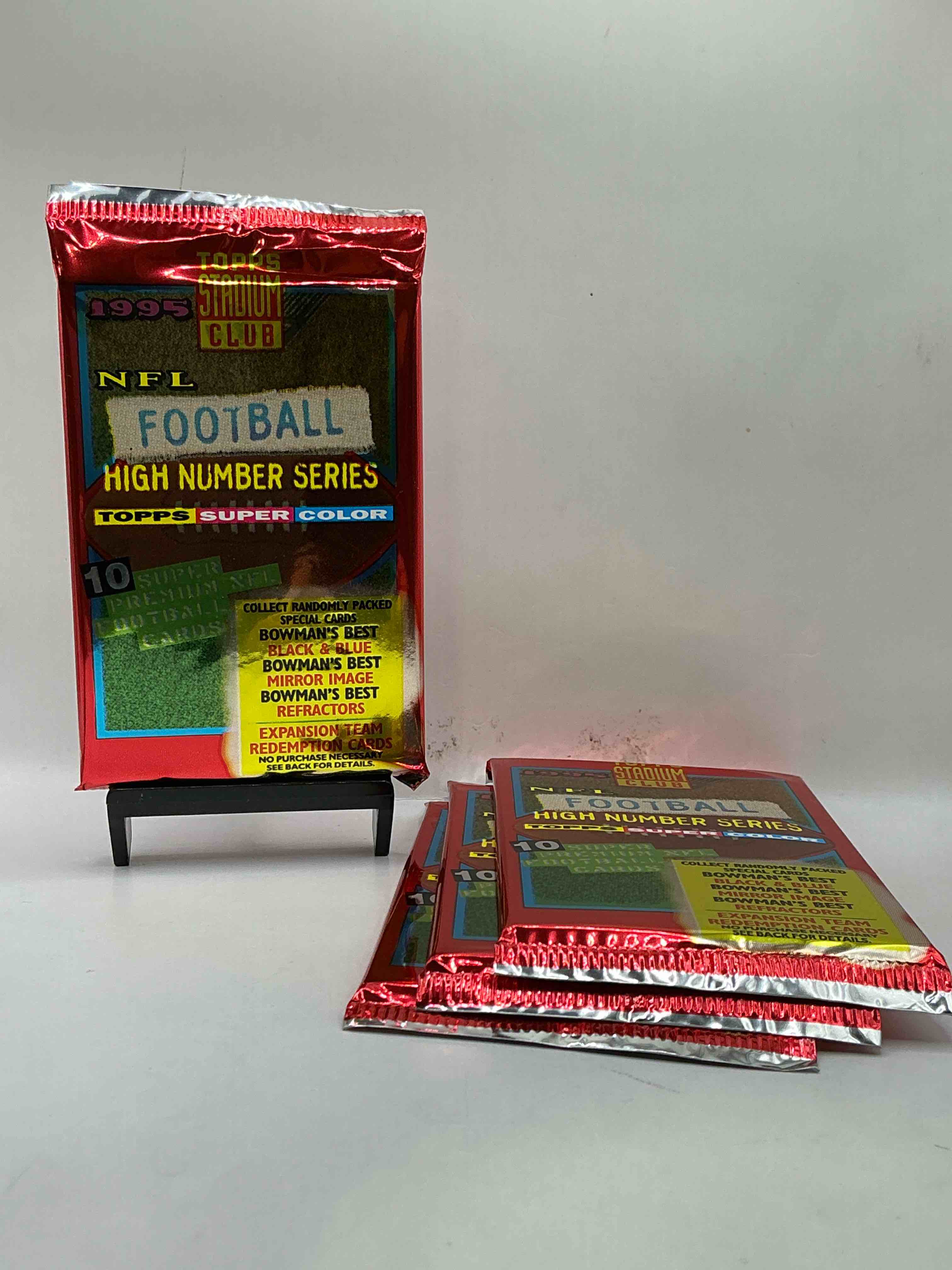 1995 nfl football high number series topps stadium club super color! 10 super nfl football cards! collect randomly packed cards, bowman’s best, black & blue, mirror image, refractors & more! rare packs!