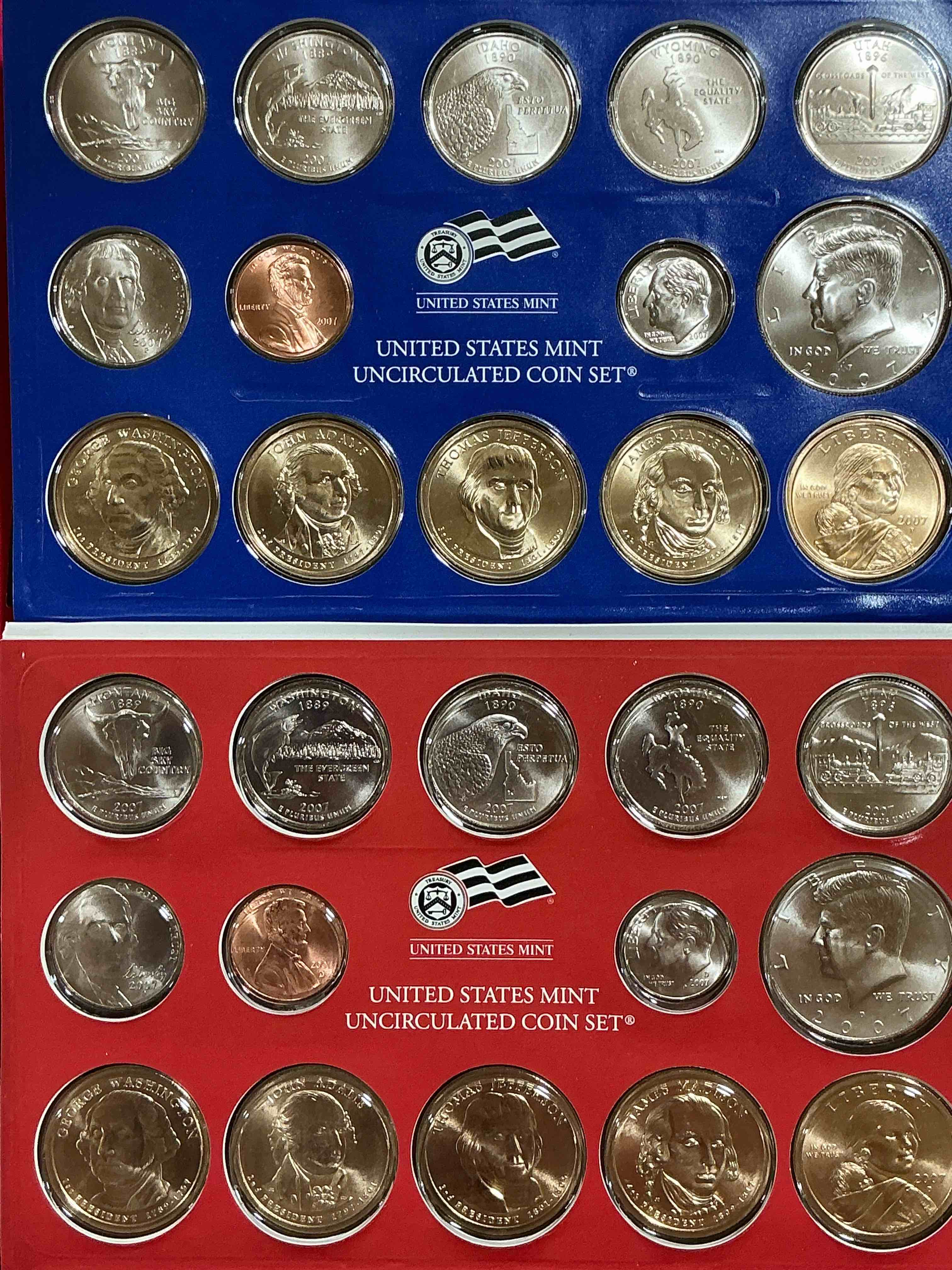 crazy uncirculated 2007 mint set! 28 coin set, including president dollar coins, half dollars, state quarters, dimes, nickels & pennies! insane mint set!