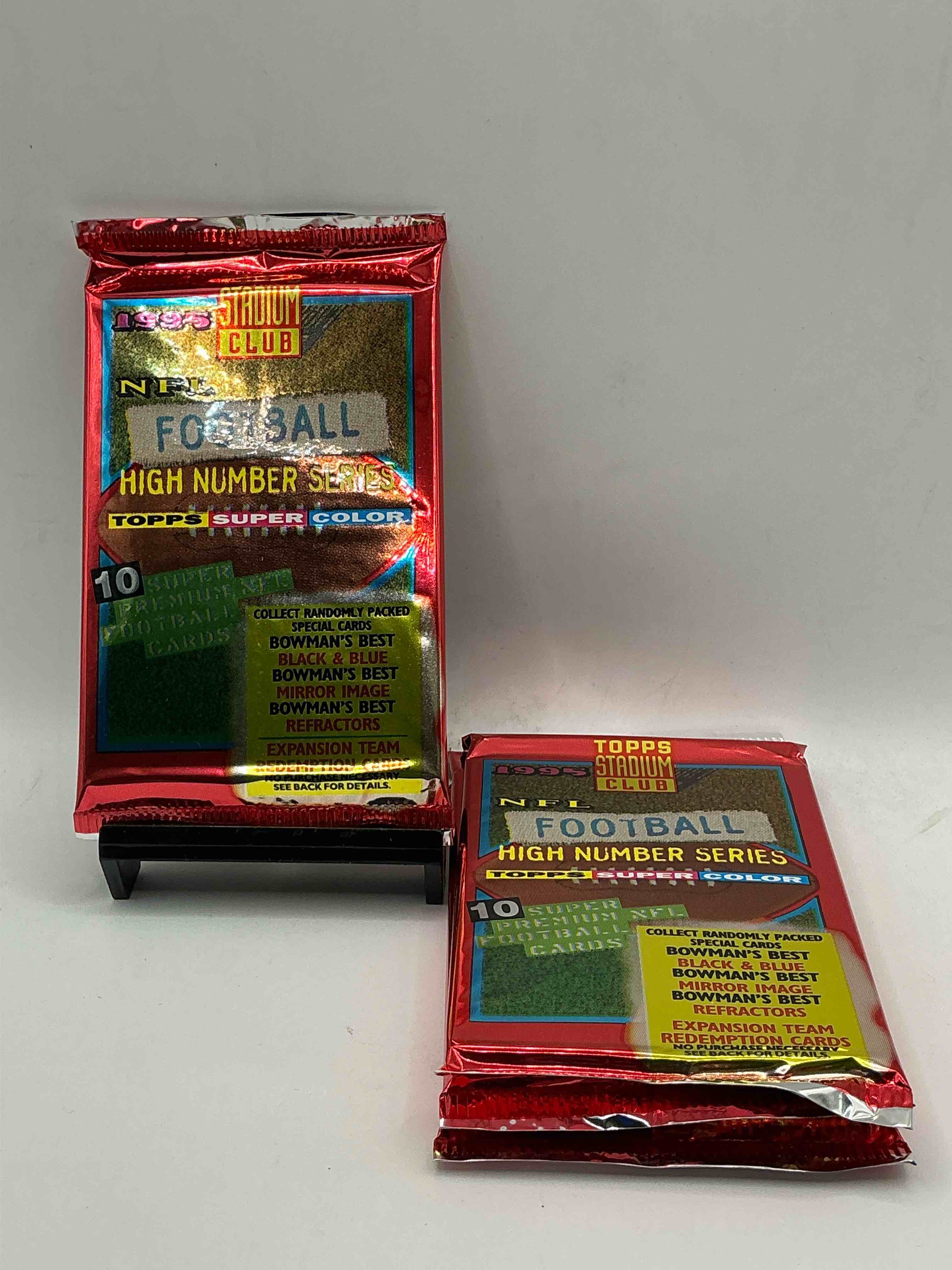 1995 nfl football high number series topps stadium club super color! 10 super nfl football cards! collect randomly packed cards, bowman’s best, black & blue, mirror image, refractors & more! rare packs!