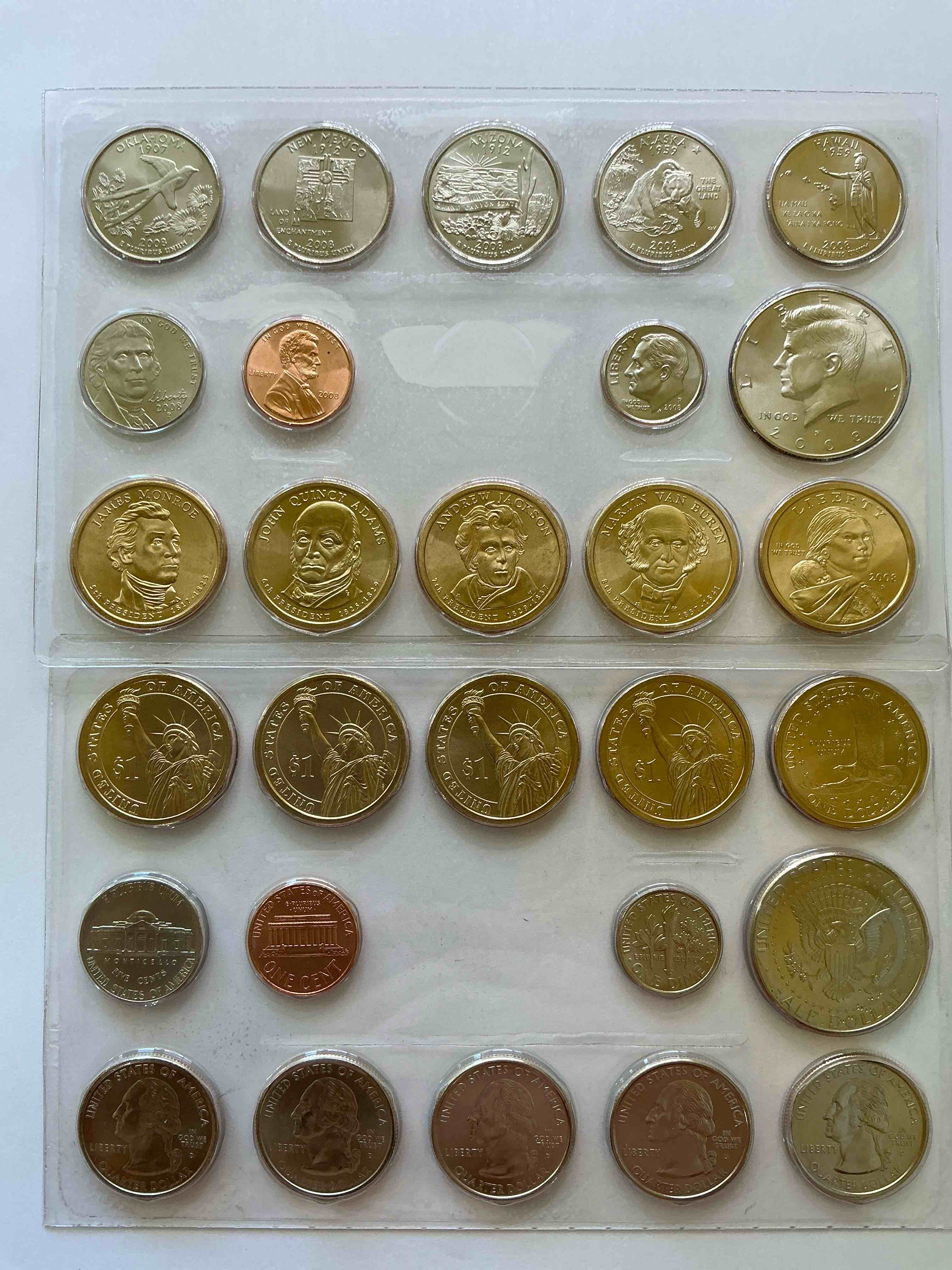 28 coin craziness! denver & philly mints! 2008 uncirculated mint set coins! includes half dollars, president dollar coins, dimes, nickels, pennies & quarters! cool coin collectible! 