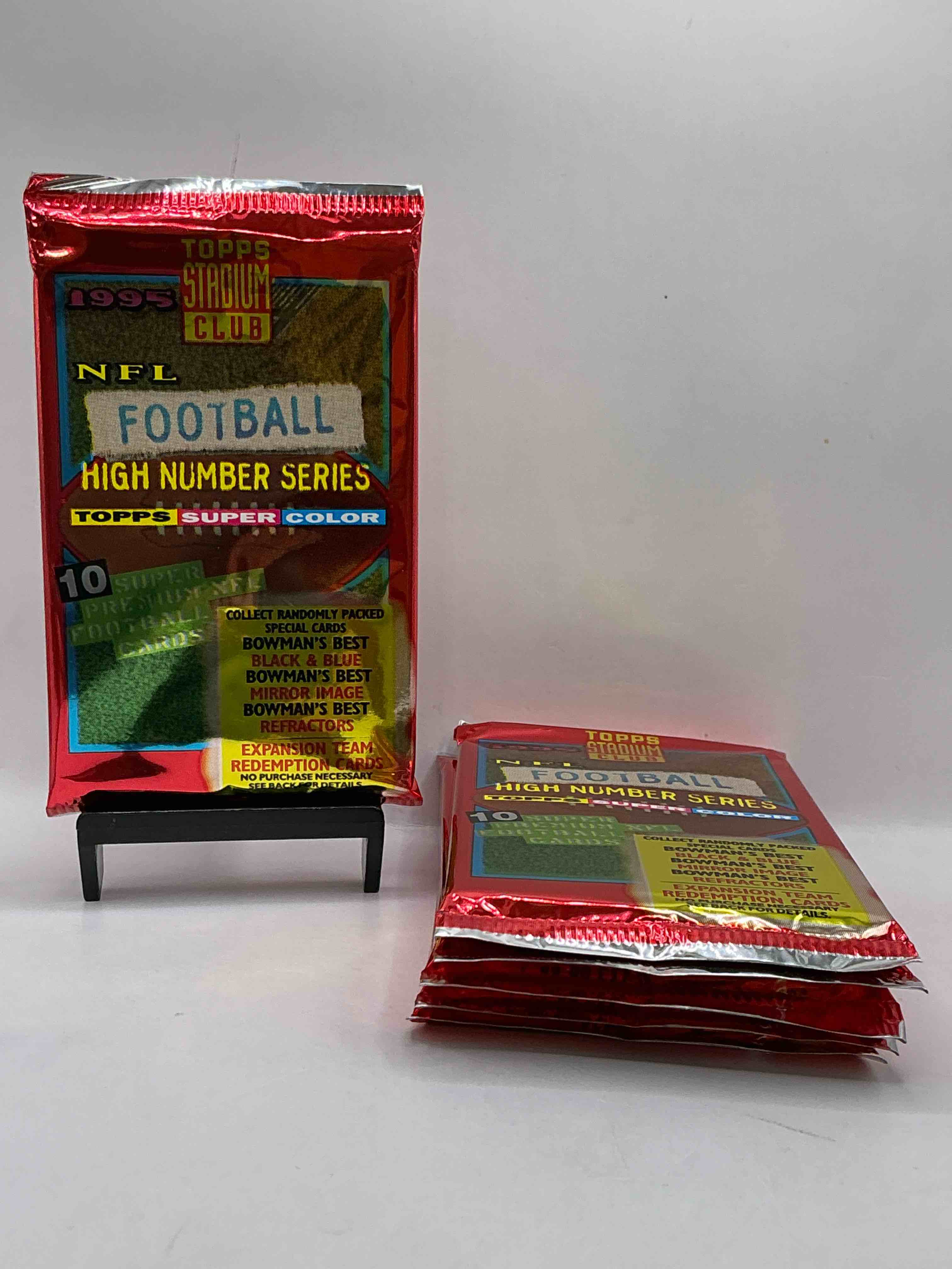 1995 nfl football high number series topps stadium club super color! 10 super nfl football cards! collect randomly packed cards, bowman’s best, black & blue, mirror image, refractors & more! rare packs!