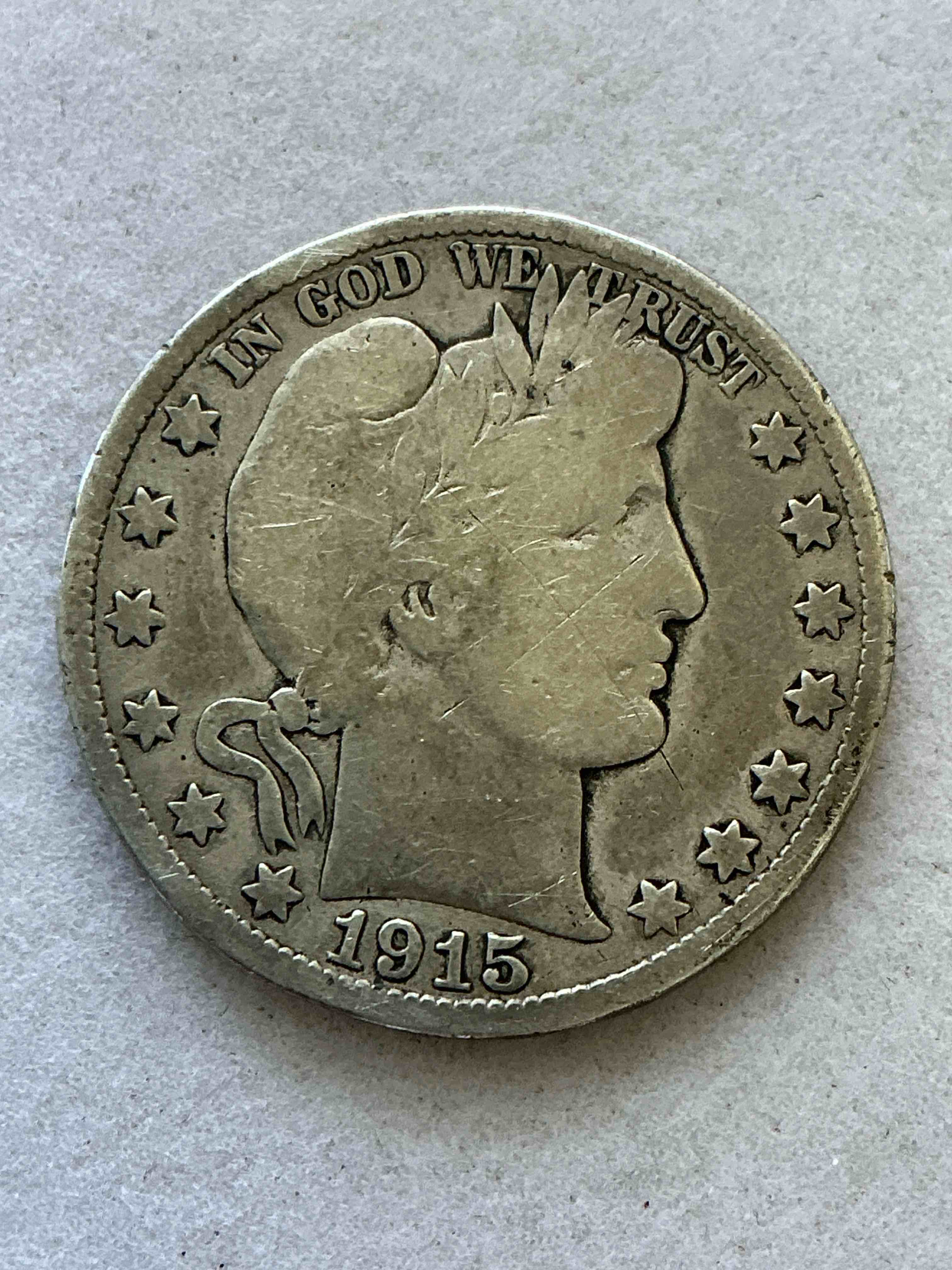 rare wwi fine silver! barber half dollar, 90% silver! 1915! nearly impossible to collect! own a piece of history great for coin collectors, think of the history these coins have seen! rare 90% silver barber half dollar!