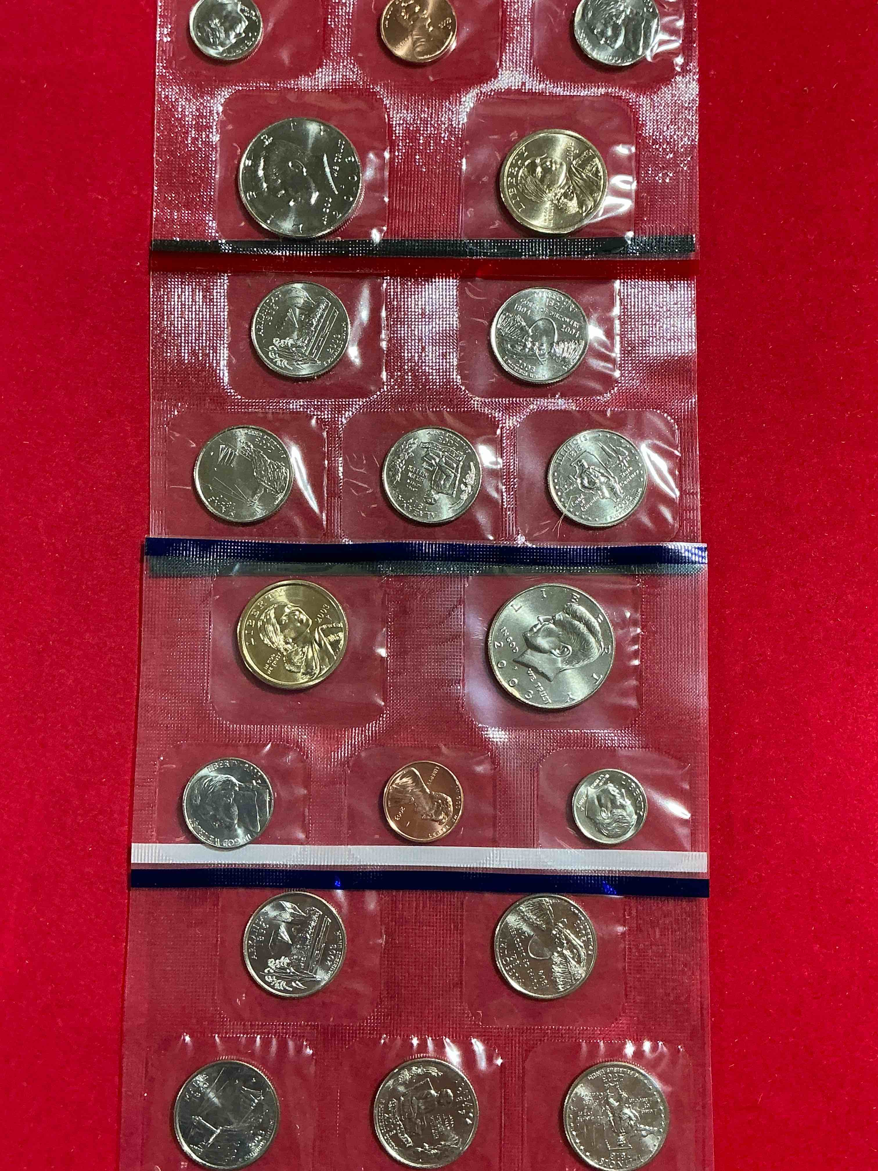 2003 uncirculated mint coins! 20 coins from philadelphia & denver! 20 coin uncirculated lot, with state quarters, nickels, half dollars, dimes, pennies & more! uncirculated coin craziness!