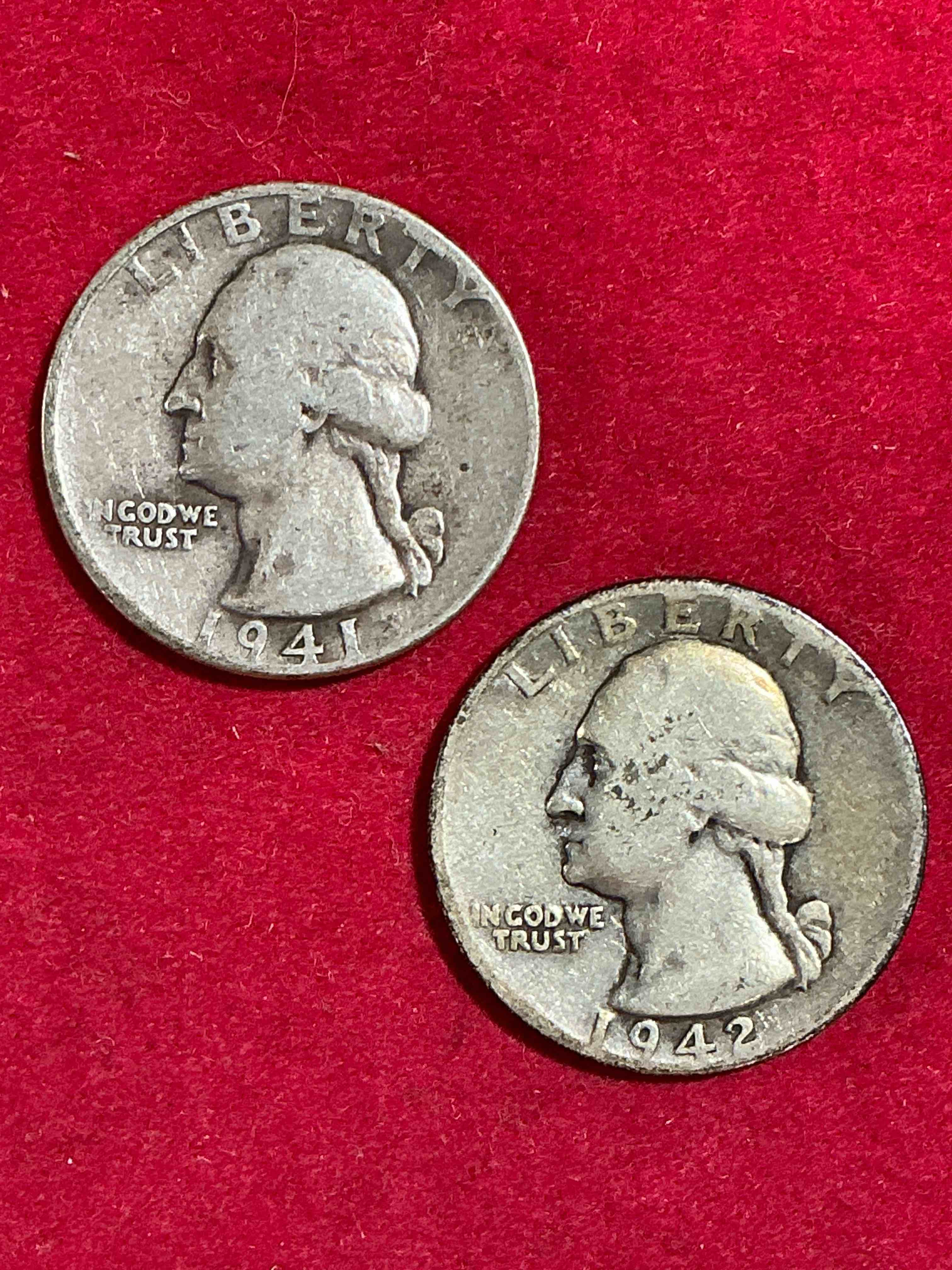 george washington wwii brilliant silver! pre 1965 u.s. quarter dollar coins were actually silver, here are two great examples of awesome, pristine george washington silver quarters, stunning & circulated! rare 1941 & 1945 mints! great for investing in precious metals! these coins were minted at 90% silver and 10% copper, giving them a net weight of .18084 ounces of pure silver per coin! very hard to find, stunning! invest in fine u.s. silver!