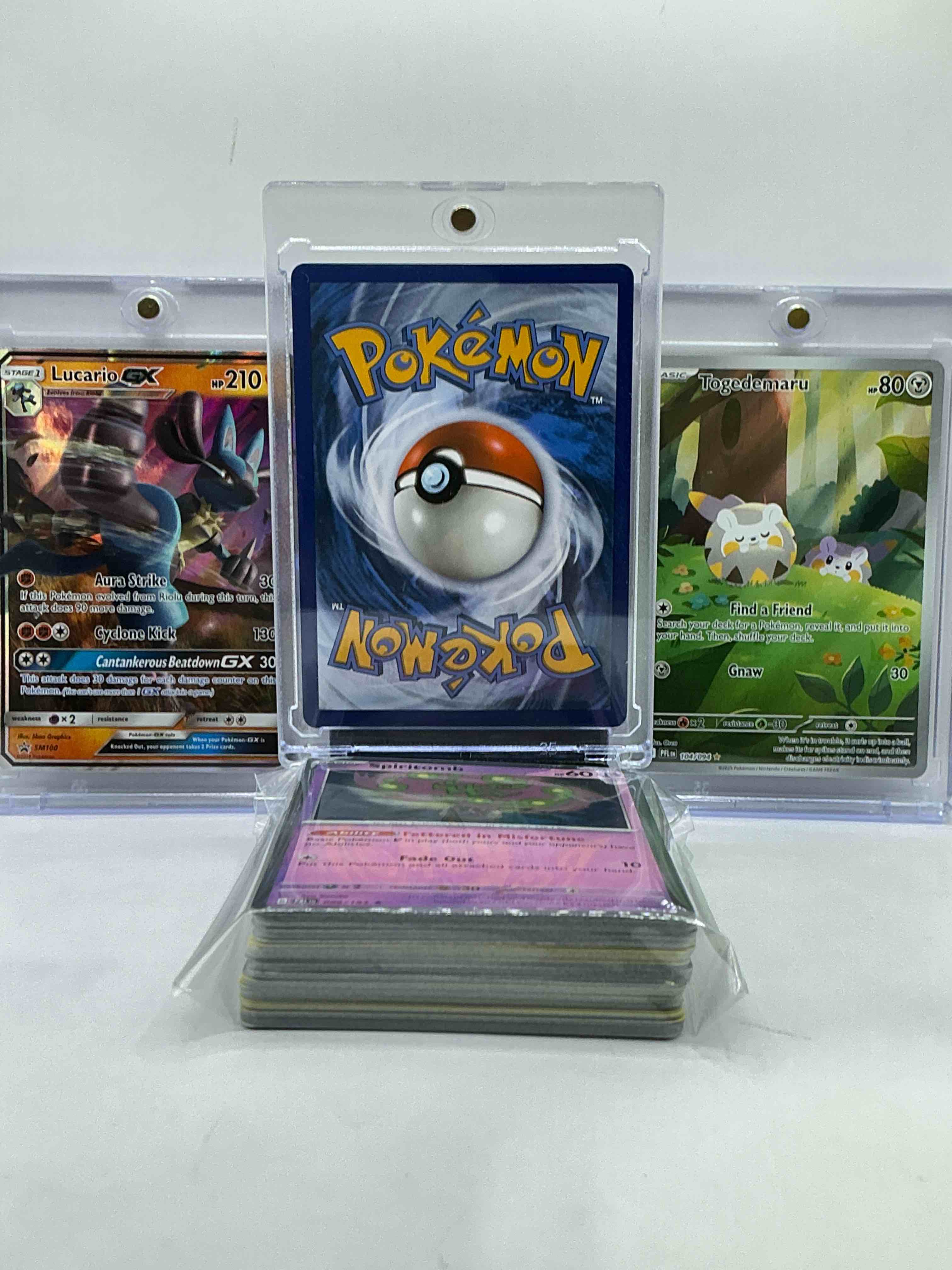 Condition photo showing New/Like New for pikachu, lucario & more! full art insanity! along with 50 other pokémon heroes, holos, legends & commons- including holographic cards, stage 2 cards, holos in all forms & more! also includes 36 non holo common/ uncommon basic & first stage cards trainers & energy too! perfect set for collectors & enthusiasts!
