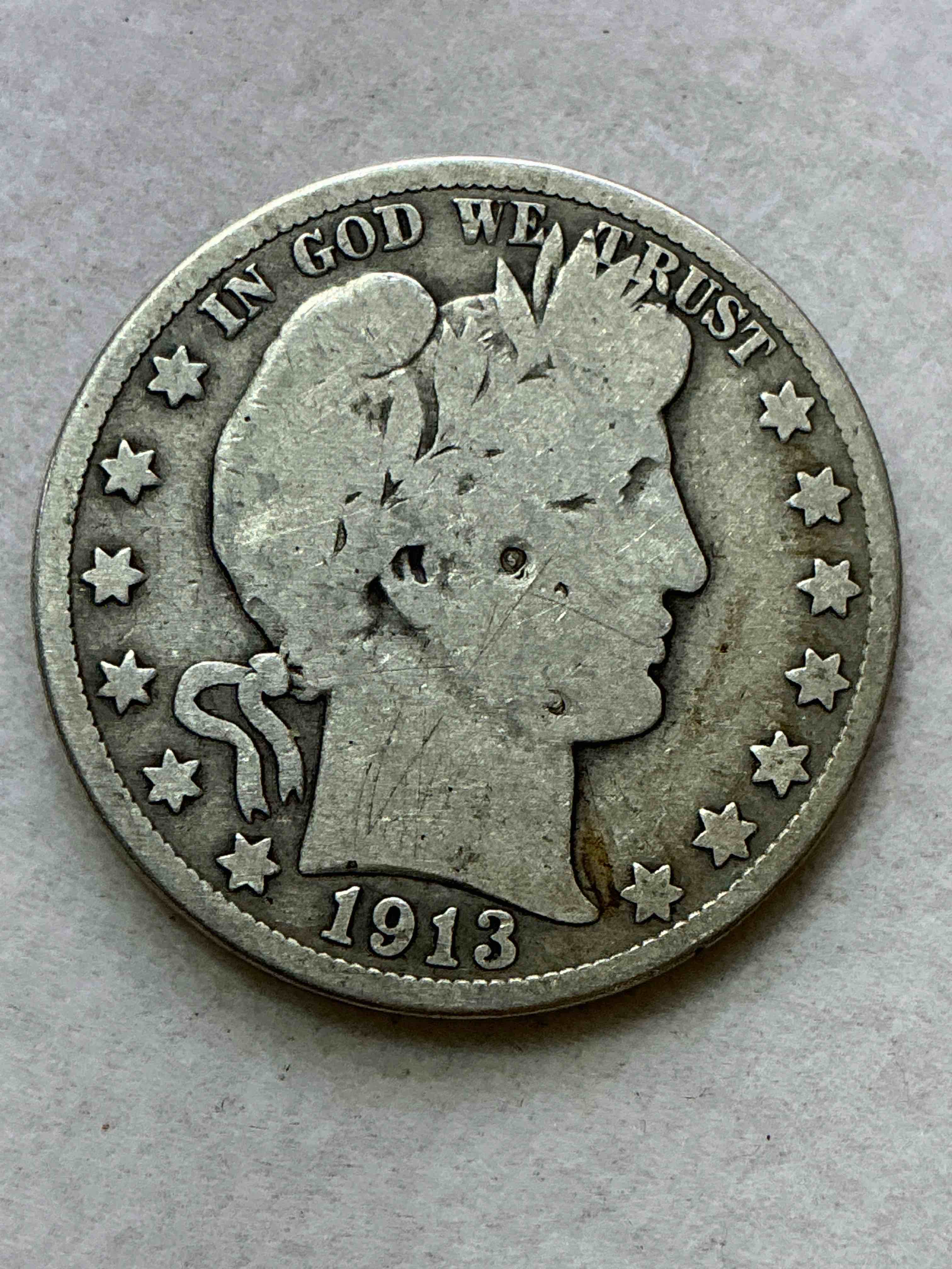 rare wwi fine silver! barber half dollar, 90% silver! 1913! nearly impossible to collect! own a piece of history great for coin collectors, think of the history these coins have seen! rare 90% silver barber half dollar!