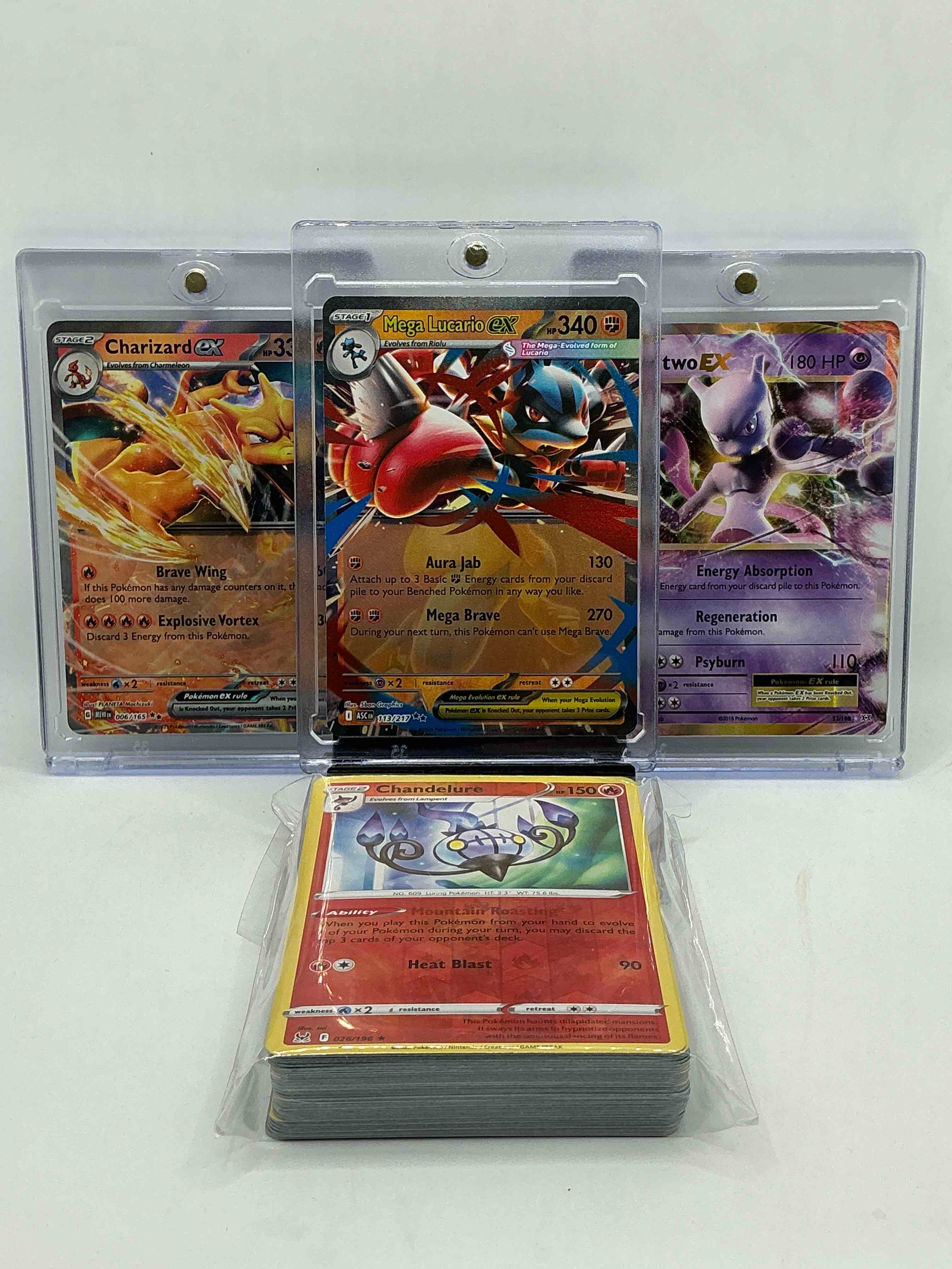 pokémon palooza! mega lucario ex! charizard ex! mewtwo ex! along with 50 other pokémon heroes, holos, legends & commons- including holographic cards, stage 2 cards, holos in all forms & more! also includes 36 non holo common/ uncommon basic & first stage cards trainers & energy too! perfect set for collectors & enthusiasts!