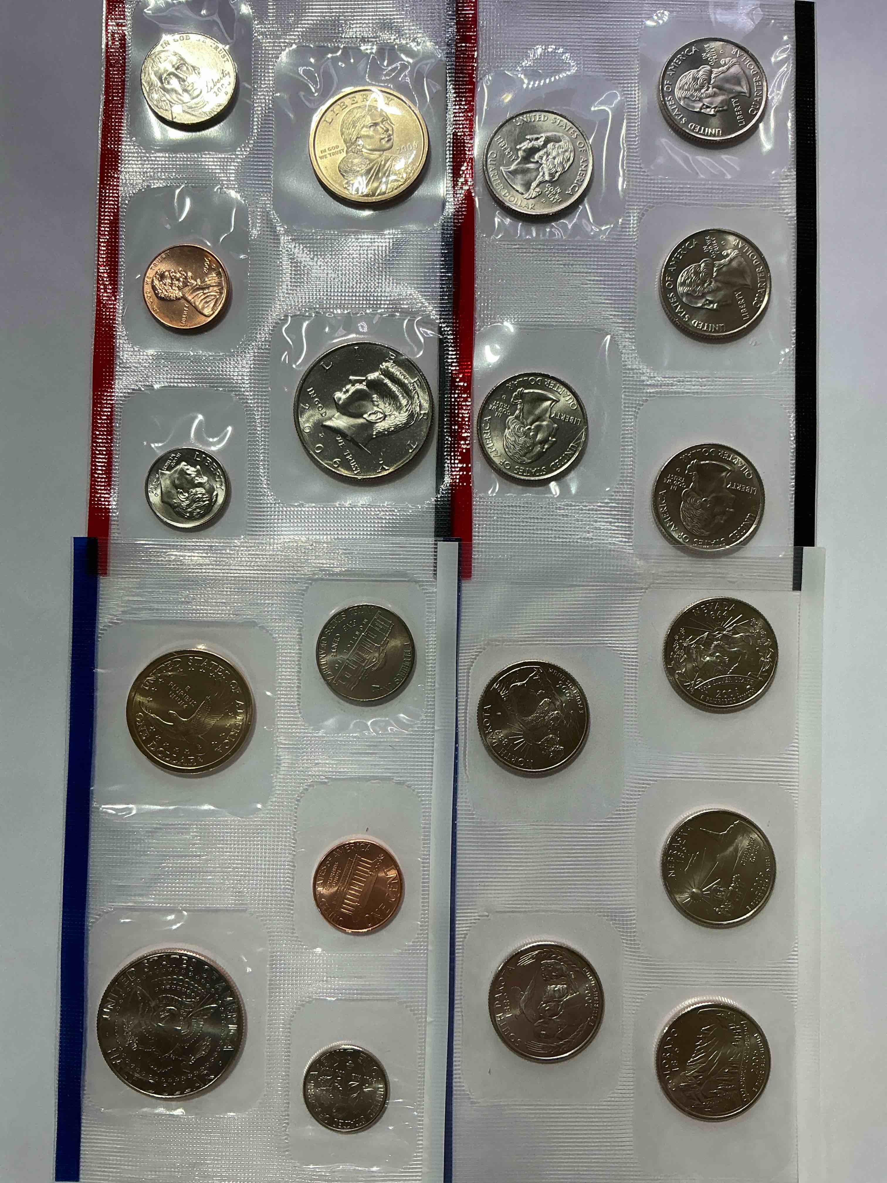 crazy uncirculated 2006 mint set! 20 coin lot, including dollar coins, half dollars, state quarters, dimes, nickels & pennies! insane mint set!