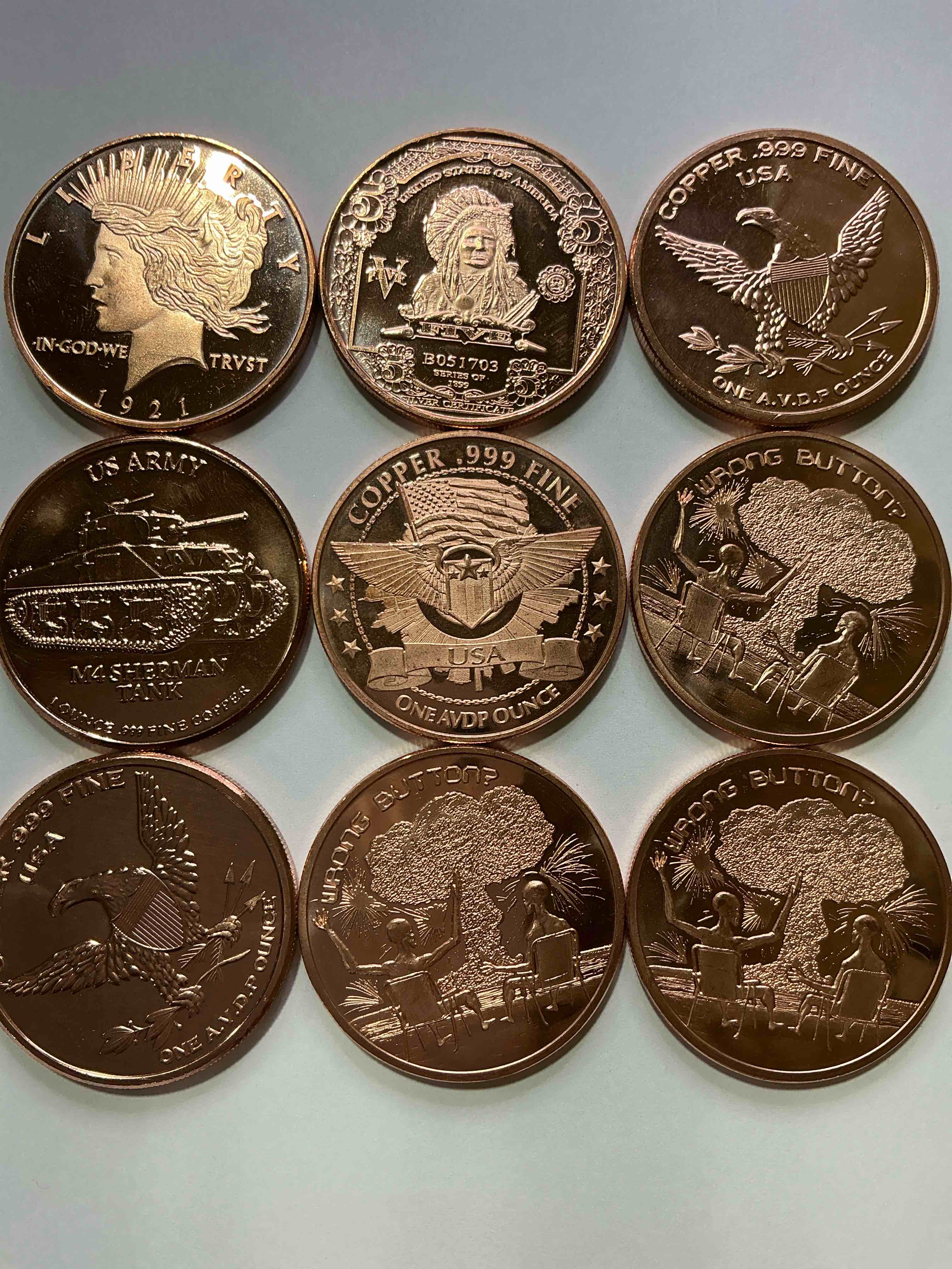 copper commemorative coins! awesome coin collectible made of pure .999 percent copper, all with cool designs! wow!