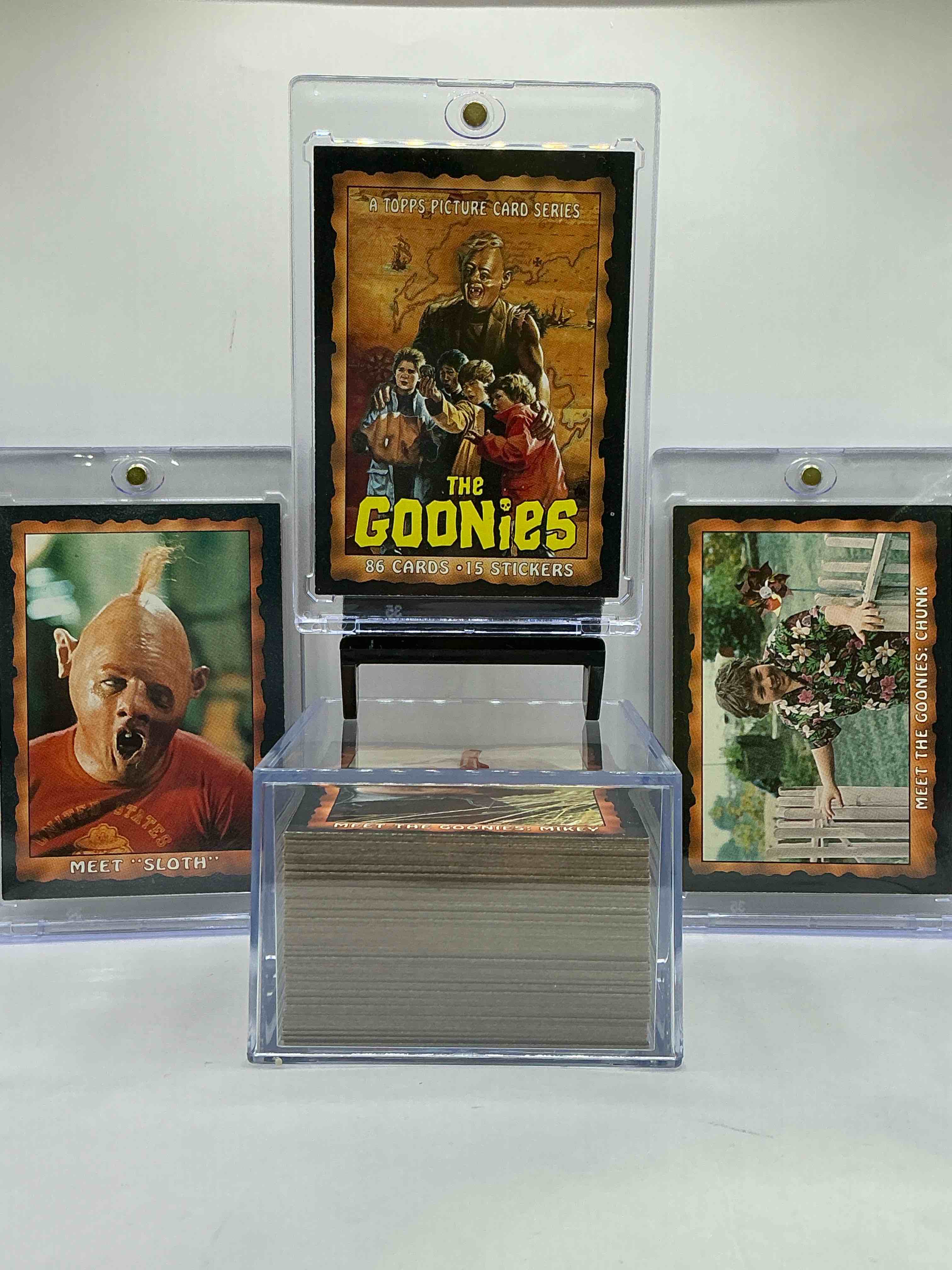 1985 goonies wow!  complete, original & authentic “goonies” movie trading card set, all 86 cards included complete!  excellent condition!  this set is a serious pop culture collectible, ultra rare complete & in this great condition!  your chance to own a little “piece of the 80’s” & have some collectible fun with chunk, sloth & the rest of the gang! 