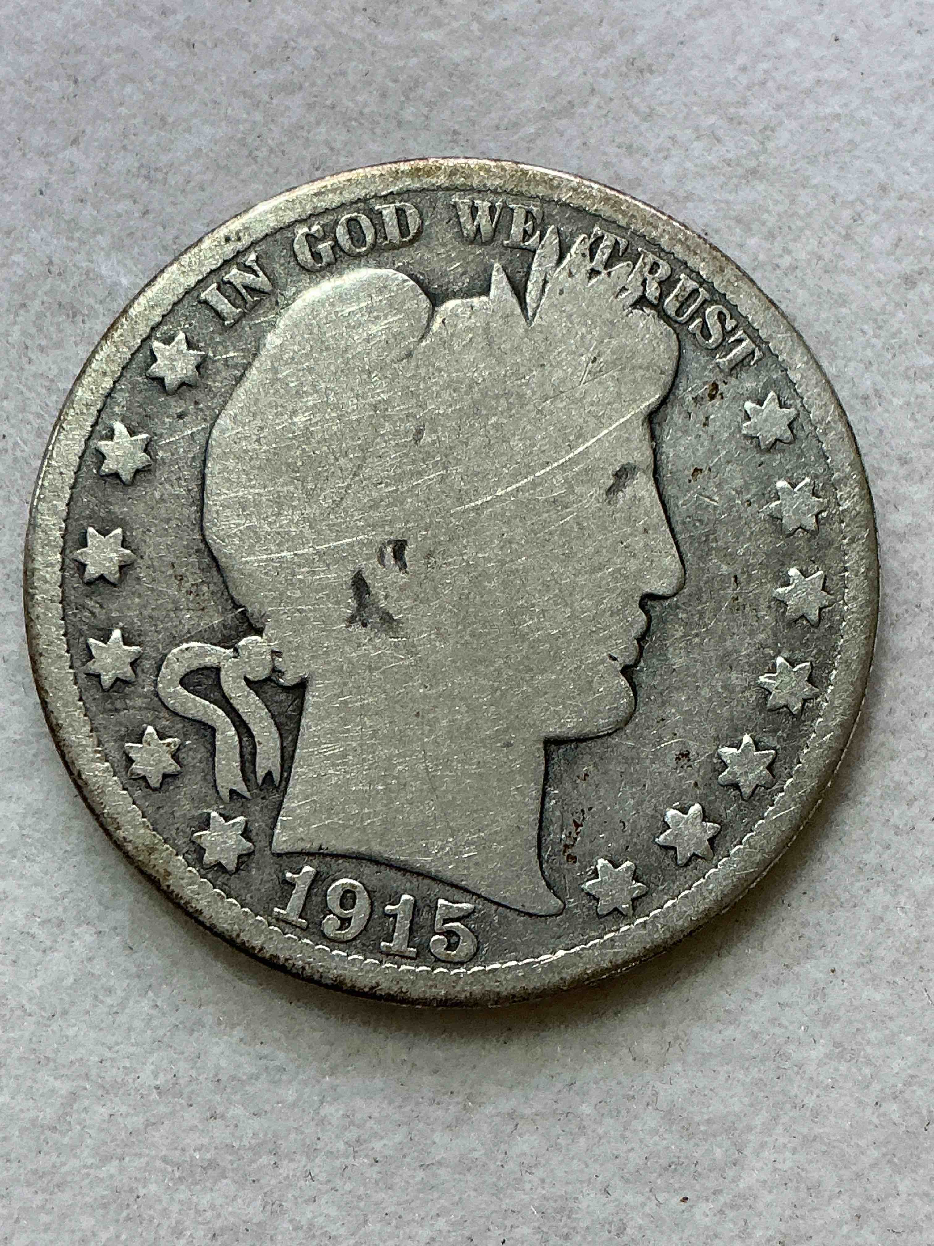 rare wwi fine silver! barber half dollar, 90% silver! 1915! nearly impossible to collect! own a piece of history great for coin collectors, think of the history these coins have seen! rare 90% silver barber half dollar!
