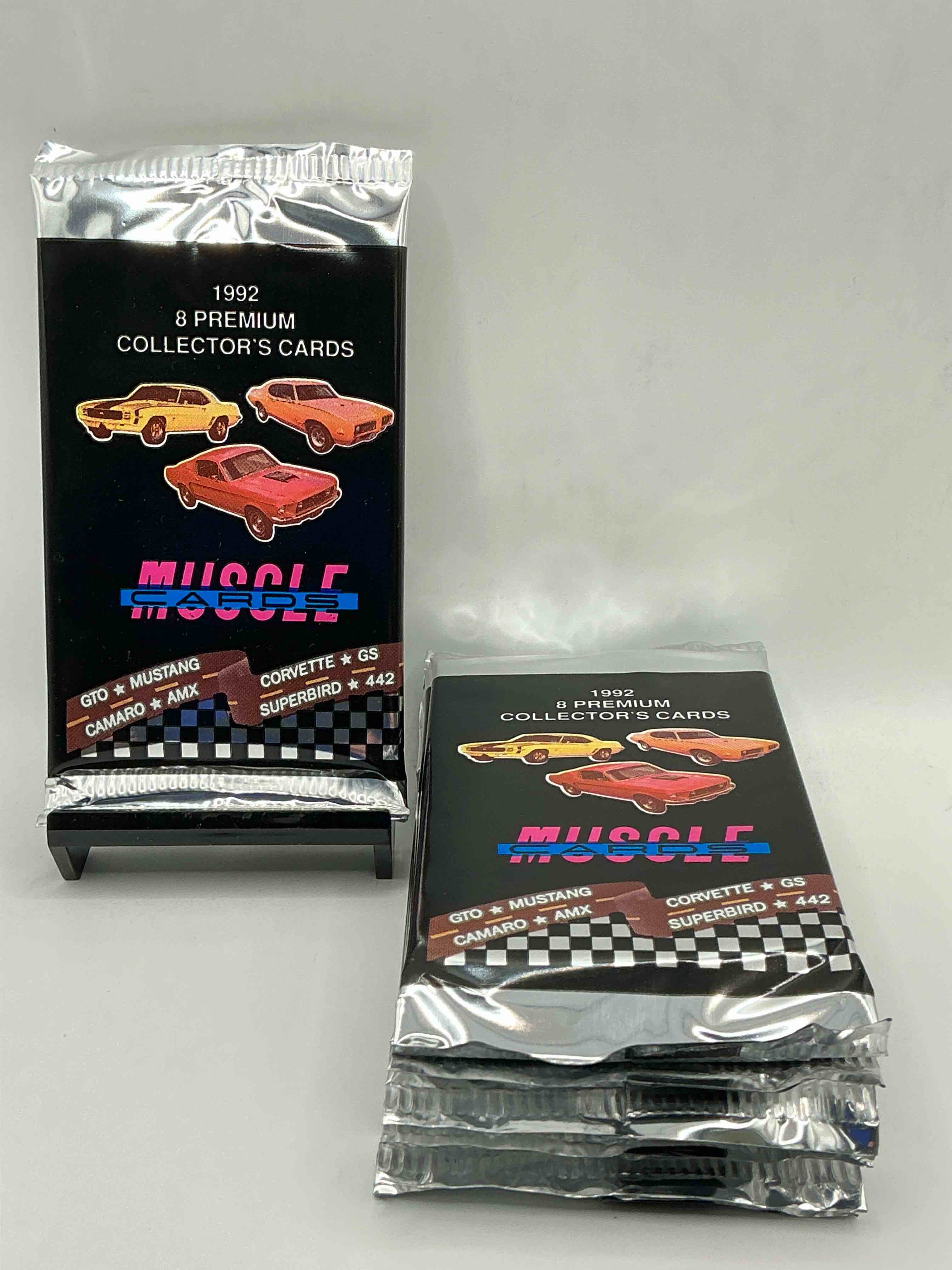 genuine american muscle 1992 premium collector cards! 8 cards per pack! gto! corvette! amx! mustang! gx! so many more! wow!