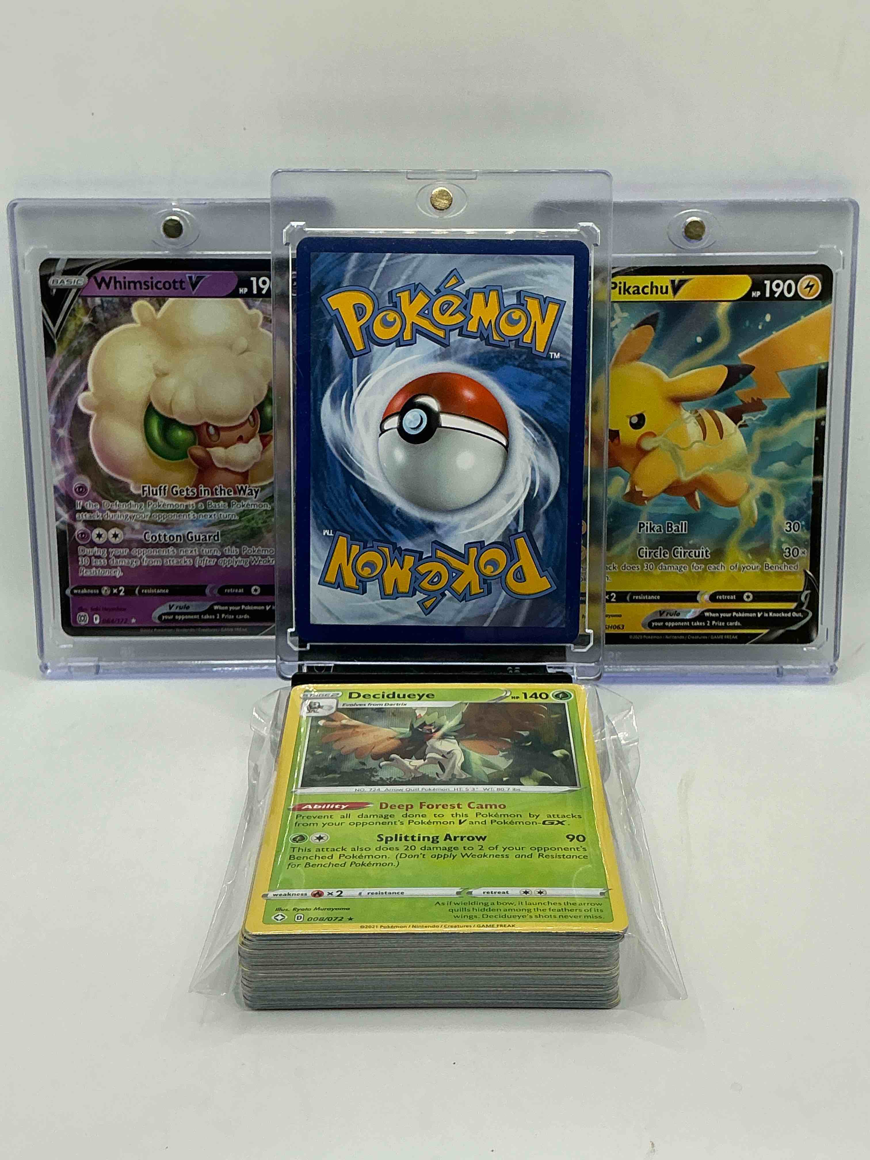 Condition photo showing New/Like New for pokémon party! orbeetle v! whimsicott v! pikachu v! along with 50 other pokémon heroes, holos, legends & commons- including holographic cards, stage 2 cards, holos in all forms & more! also includes 36 non holo common/ uncommon basic & first stage cards trainers & energy too! perfect set for collectors & enthusiasts!