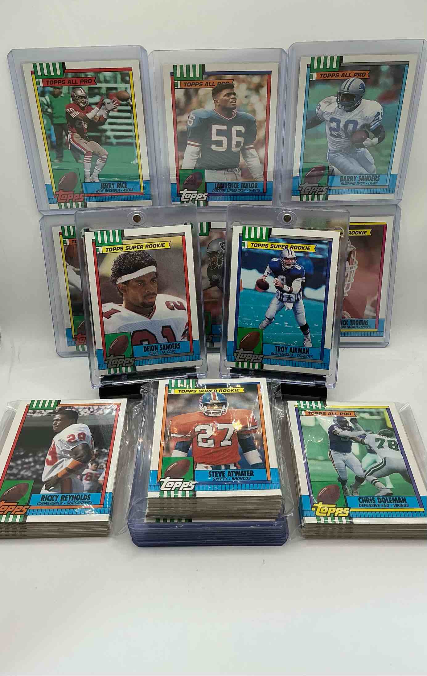 Troy Aikman & Deion Sanders Rookies! 1990 Topps Football! NFL Football! This 100 Card Football Set Is Filled With The BEST Players From 1990! Lawrence Taylor, Jerry Rice, Joe Montana, Barry Sanders Second Year, Derrick Thomas Rookie, Bo Jackson, Dan Marino, Ronnie Lott, John Elway & More! 1980’s Football! So Many Great Players & Legends All Included In This 100 Card Craziness!