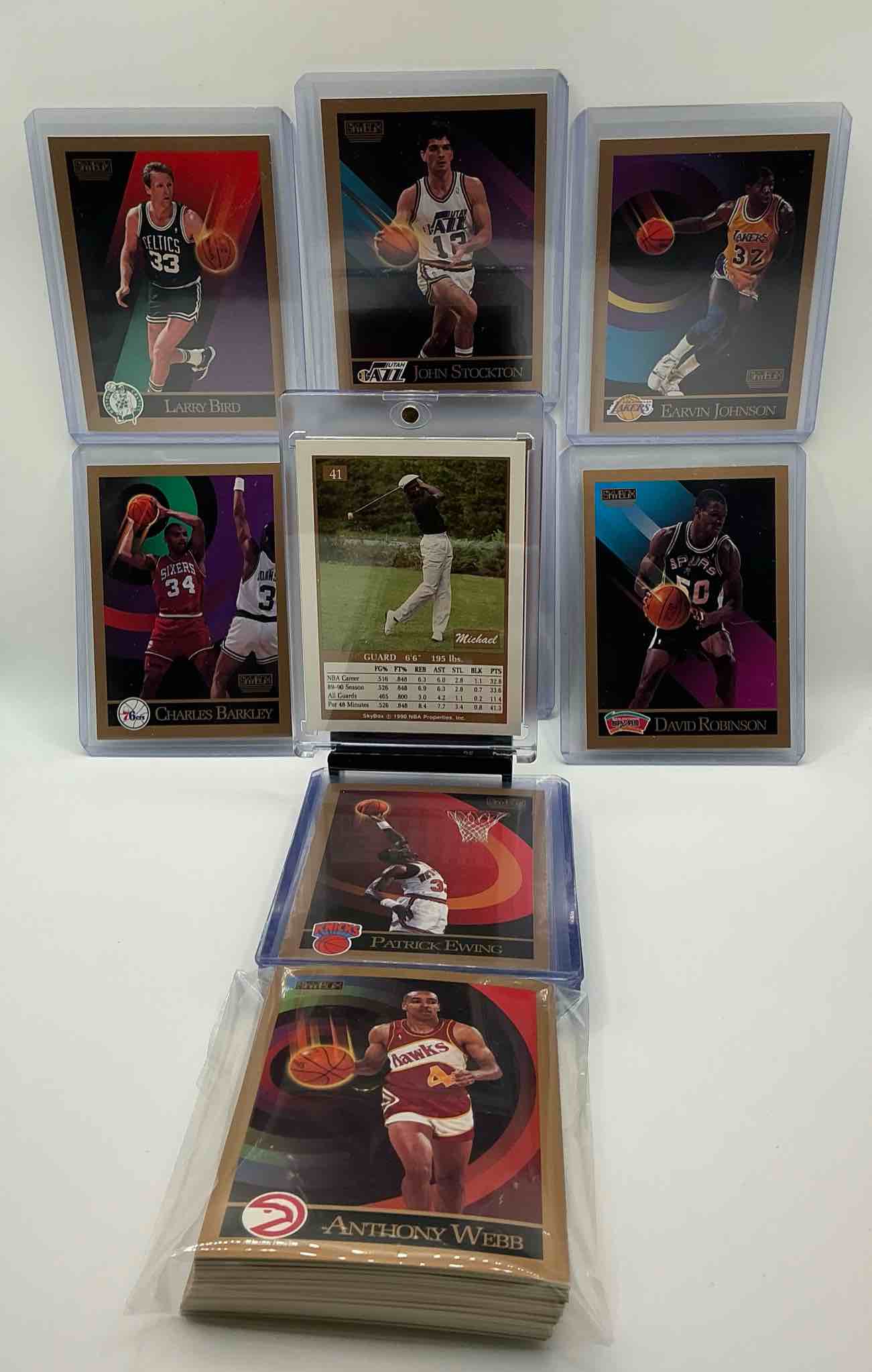 Condition photo showing New/Like New for michael jordan! 1990 skybox 50 card basketball! the best cards from the year! michael jordan, larry bird, scottie pippen, david robinson, charles barkley, akeem olajuwon, karl malone, clyde drexler & more! all stars, hall of famers, champions & more, the perfect mix of miscellaneous '90 nba variety!