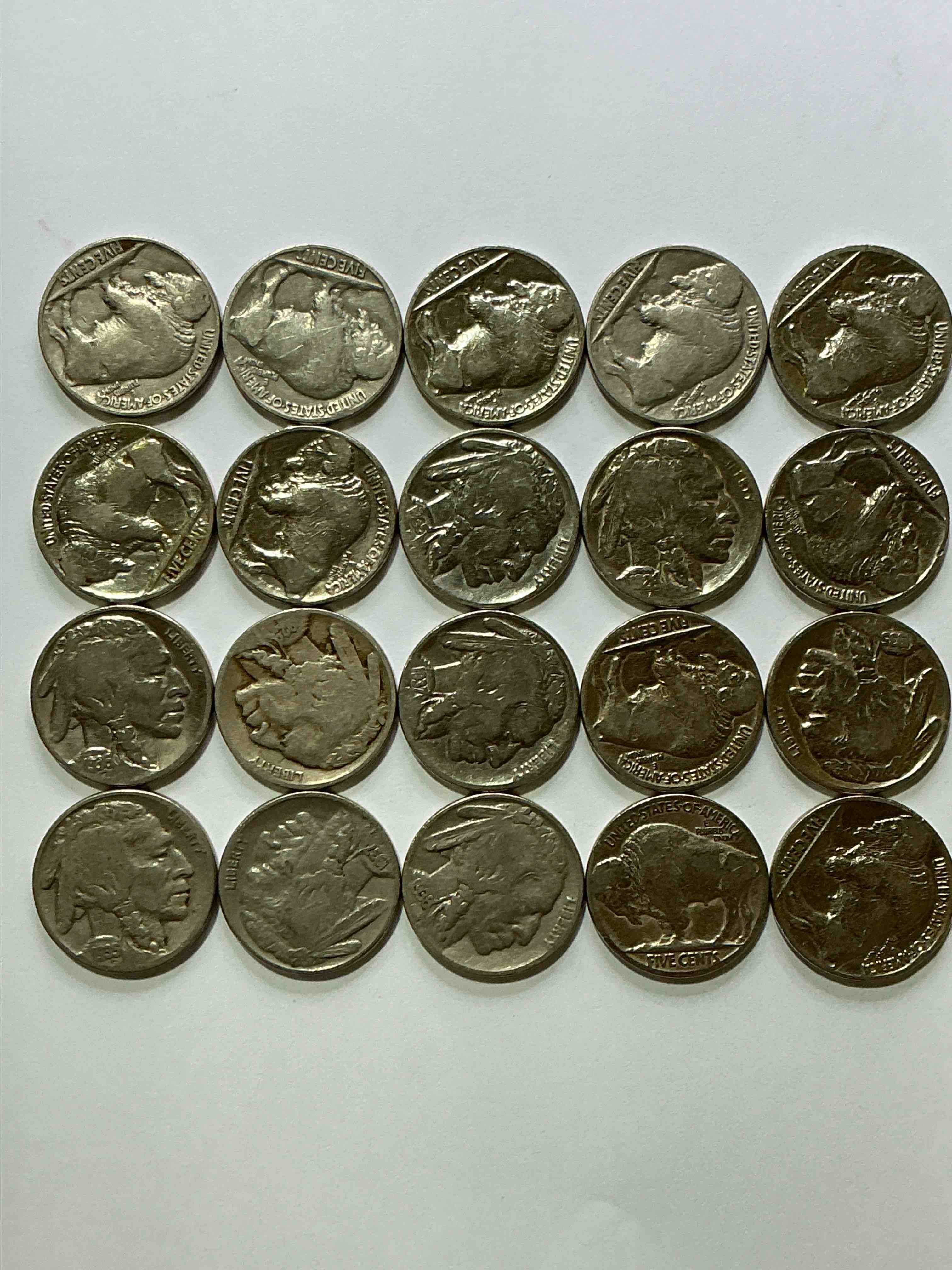 Condition photo showing Good Condition for historic buffalo nickels! indian head buffalo nickels were minted from 1913 to 1938 & have become a favorite for coin collectors around the world! own pieces of american history with these cool indian head buffalo nickels in circulated condition, most with visible dates which is very rare for buffalo nickels!