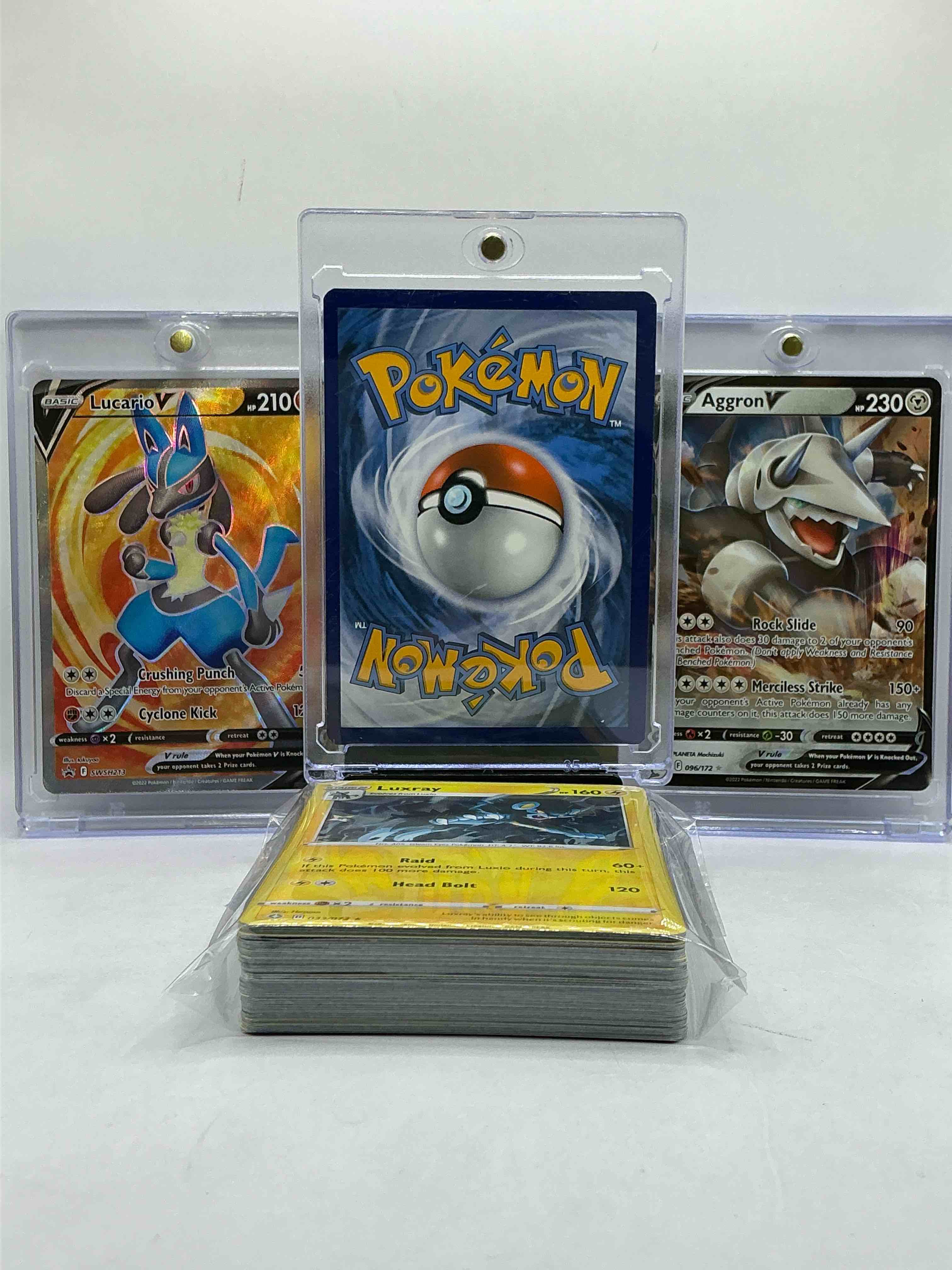 Condition photo showing New/Like New for pikachu vmax, lucario v & aggron v! insane pokémon palooza! along with 50 other pokémon heroes, holos, legends & commons- including holographic cards, stage 2 cards, holos in all forms & more! also includes 36 non holo common/ uncommon basic & first stage cards trainers & energy too! perfect set for collectors & enthusiasts!
