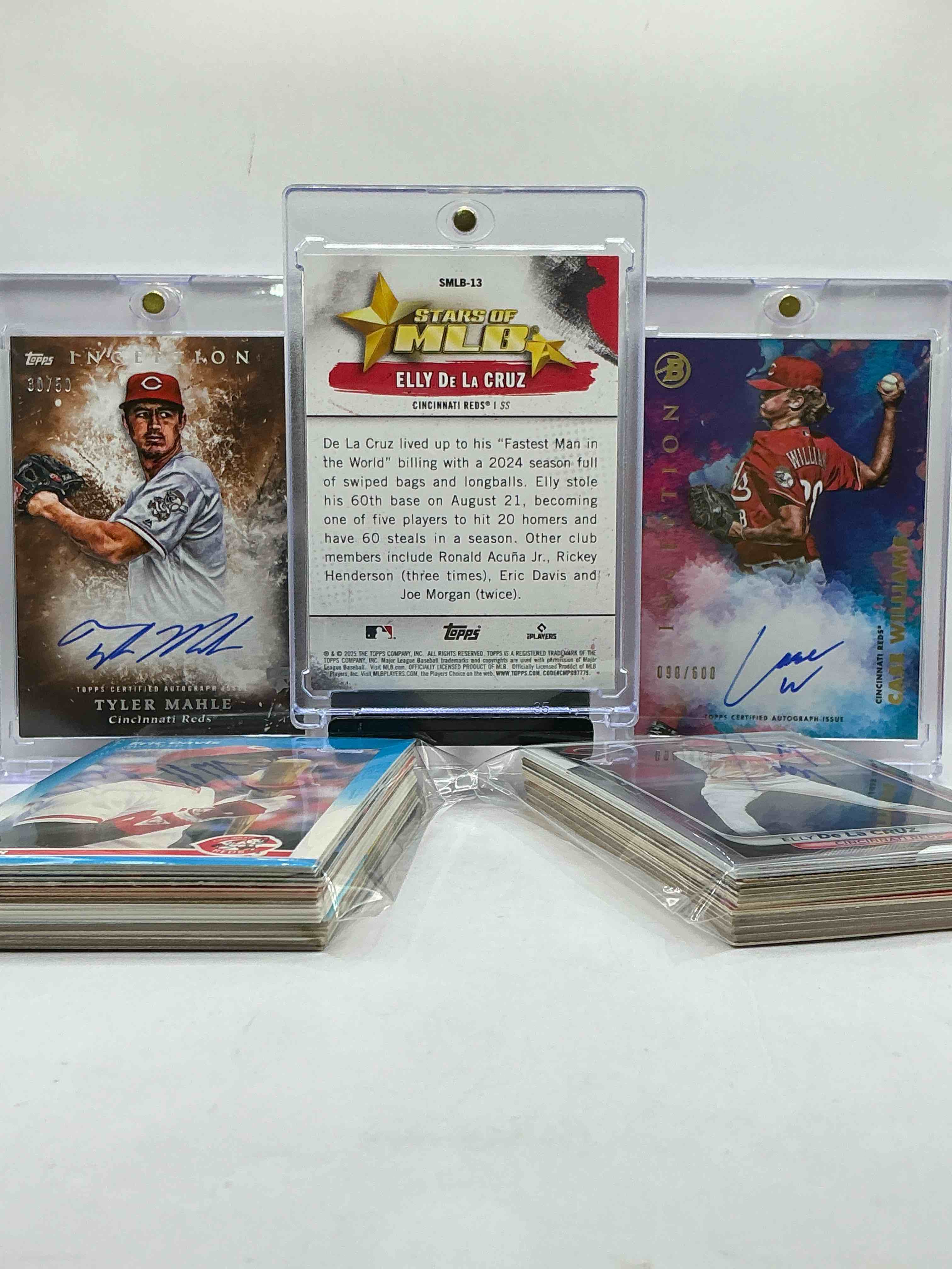 Condition photo showing New/Like New for dual auto on card reds! elly de la cruz & more! case williams /600 on card auto, topps inception on card auto/50 tyler mahle & elly de la cruz stars of the mlb! reds rambunctiousness! 50 card lot, includes vintage & new! rookies & commons & more!! 