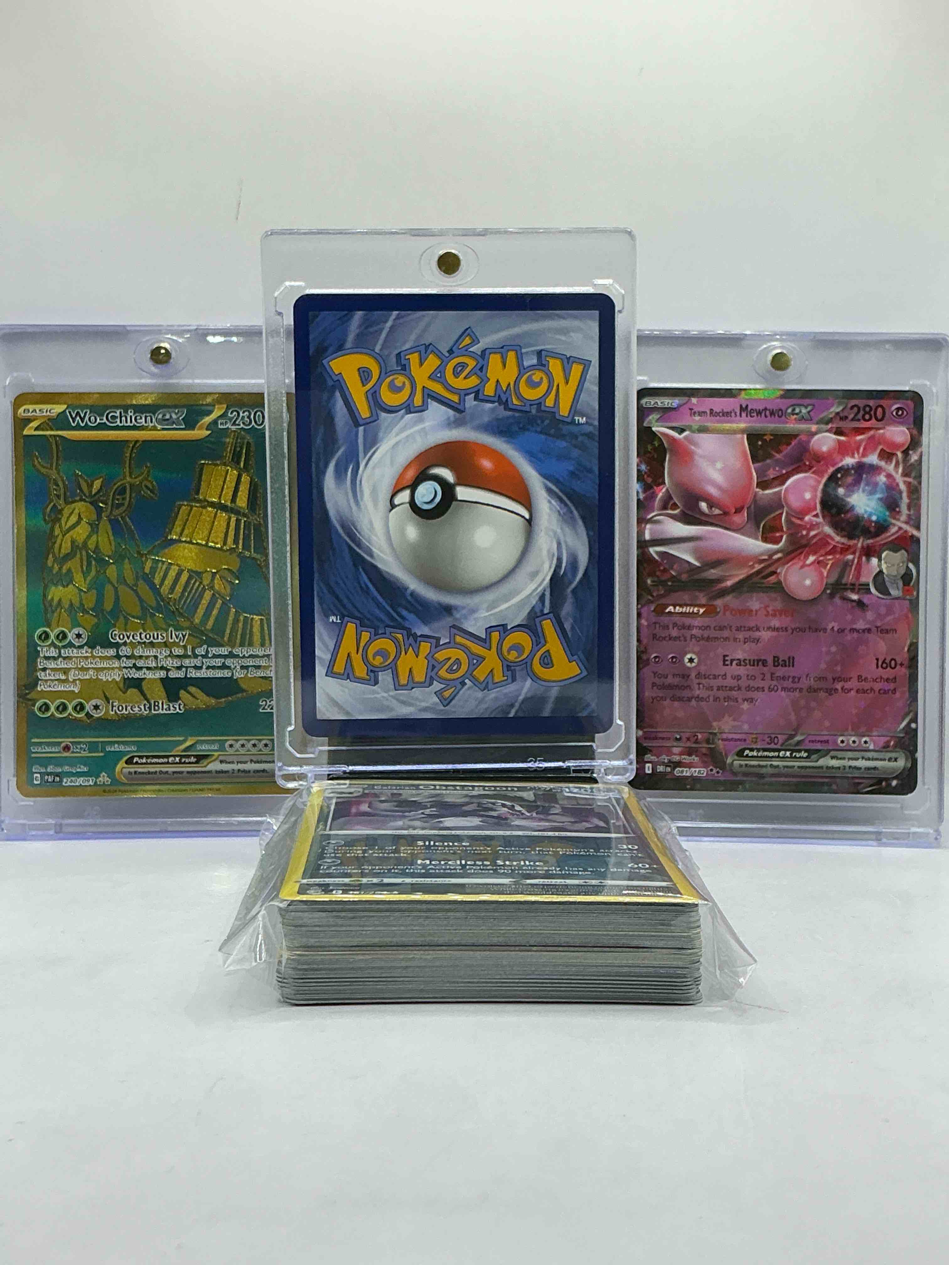 Condition photo showing New/Like New for charizard ex holo, wo-chien ex holo & mewtwo ex holo! wow! along with 50 other pokémon heroes, holos, legends & commons- including holographic cards, stage 2 cards, holos in all forms & more! also includes 36 non holo common/ uncommon basic & first stage cards trainers & energy too! perfect set for collectors & enthusiasts!